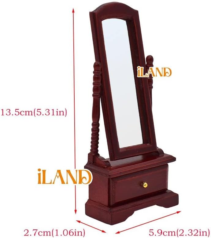 iLAND Vintage Dollhouse Furniture 1/12 Scale, Kids Dollhouse Bedroom Furniture in Mahogany Color incl Dollhouse Bed & Mirror Full Length & Wardrobe & Bedside Table & Rocking Chair (Brewster 7pcs)