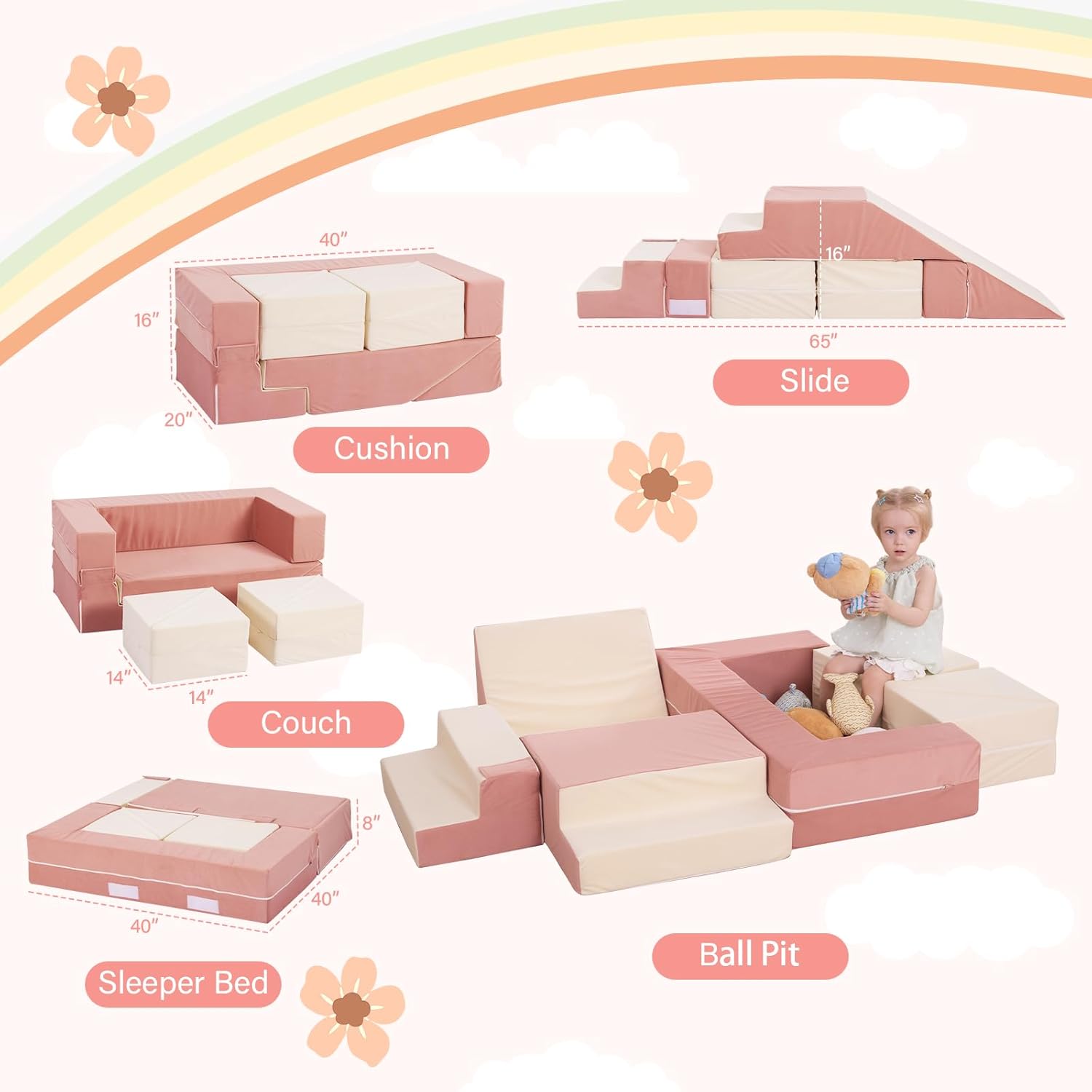 HAHASOLE Kids Couch, Modular Toddler Couch, Kids Sofa with Ottomans, Foam Play Blocks, Climbing Playset with Slide Stairs, Convertible Plush Sofa for Playroom