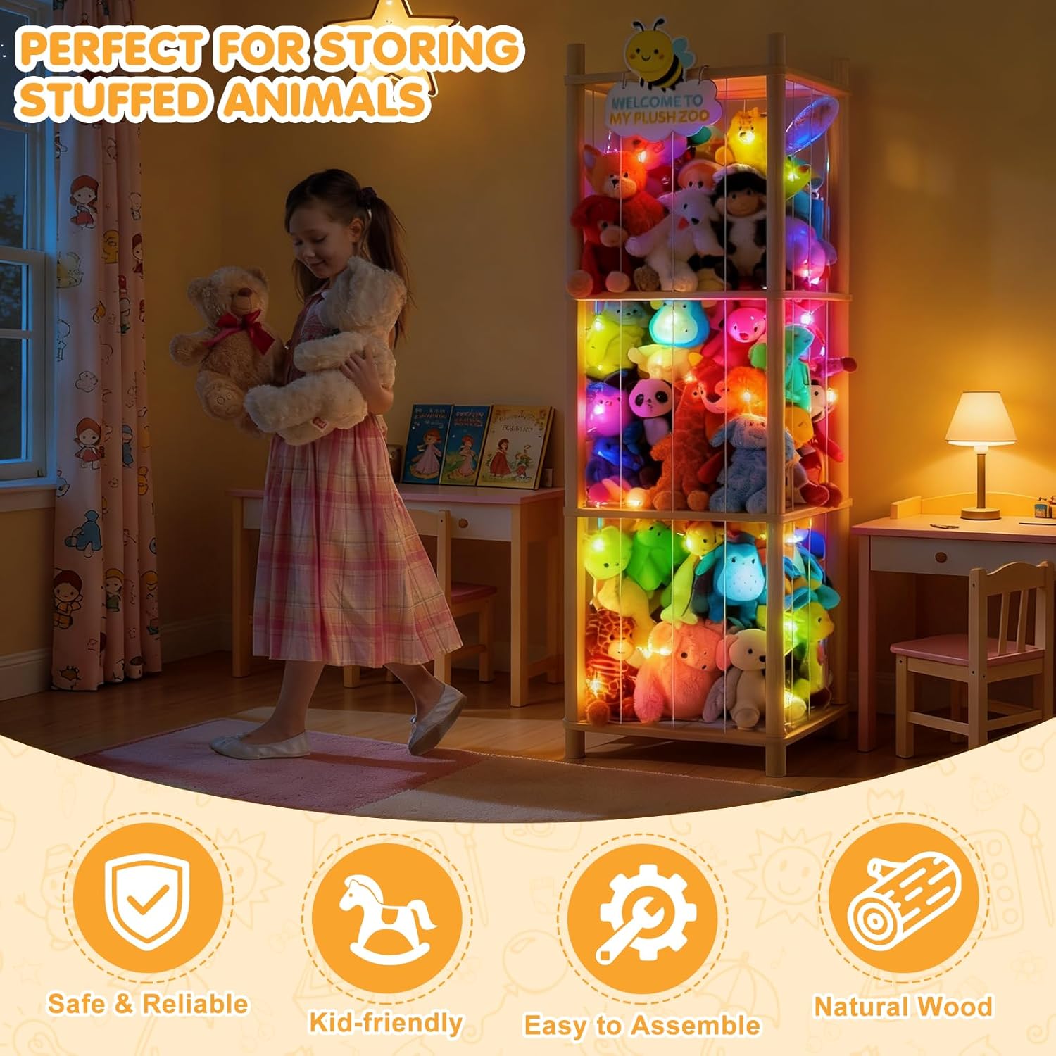Alternative view of Hsenowi Stuffed Animal Storage Zoo Organizer Natural Pine Plushies Storage with Elastic Bands Vertical Wood Toy Holder Mesh Net Space Saving Design for Playroom Nursery Kids Bedroom