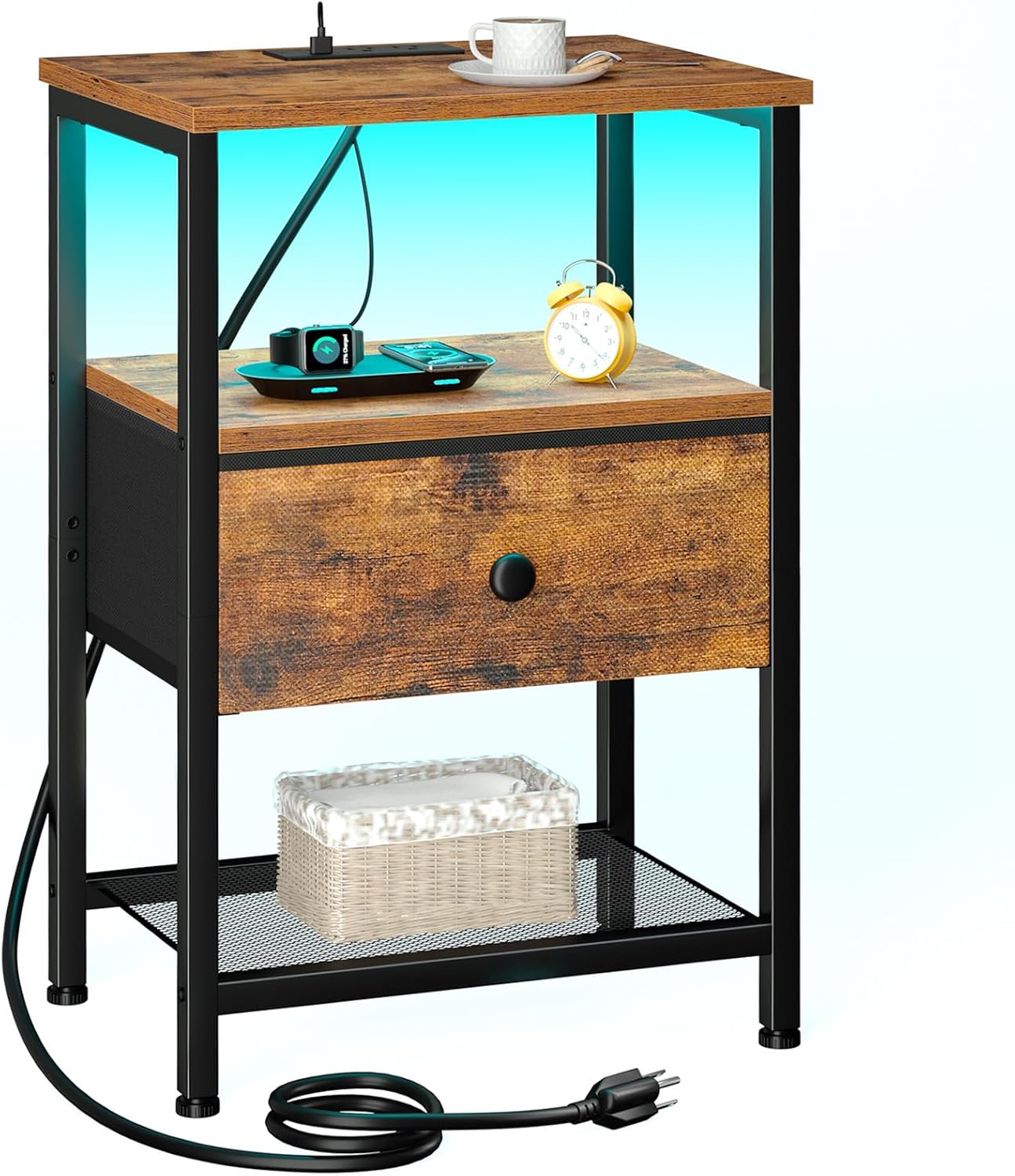 LOAKEKEL Nightstand with Charging Station, End Table with 2 Fabric Drawers, LED Night Stand for Bedroom, Small Bed Side Table with USB Ports and Outlets for Living Room, Black, HETS02BK-1 - Image 9