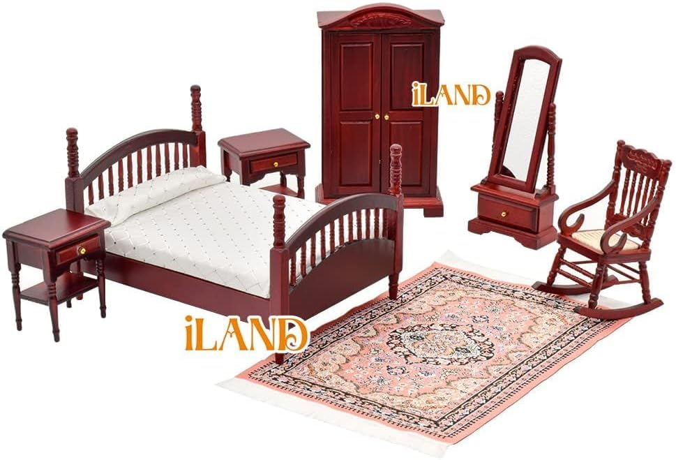 Alternative view of iLAND Vintage Dollhouse Furniture 1/12 Scale, Kids Dollhouse Bedroom Furniture in Mahogany Color incl Dollhouse Bed & Mirror Full Length & Wardrobe & Bedside Table & Rocking Chair (Brewster 7pcs)