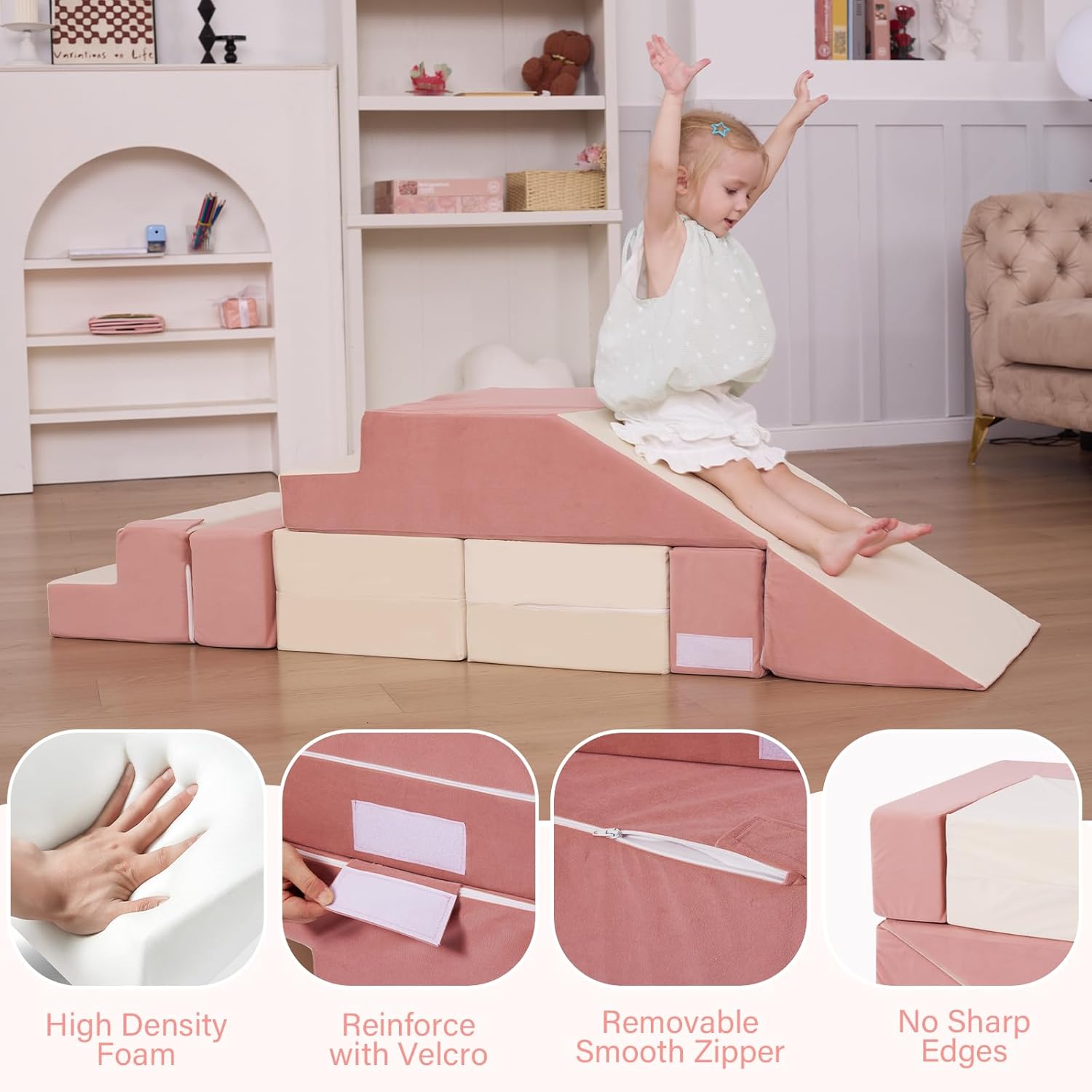 Alternative view of HAHASOLE Kids Couch, Modular Toddler Couch, Kids Sofa with Ottomans, Foam Play Blocks, Climbing Playset with Slide Stairs, Convertible Plush Sofa for Playroom