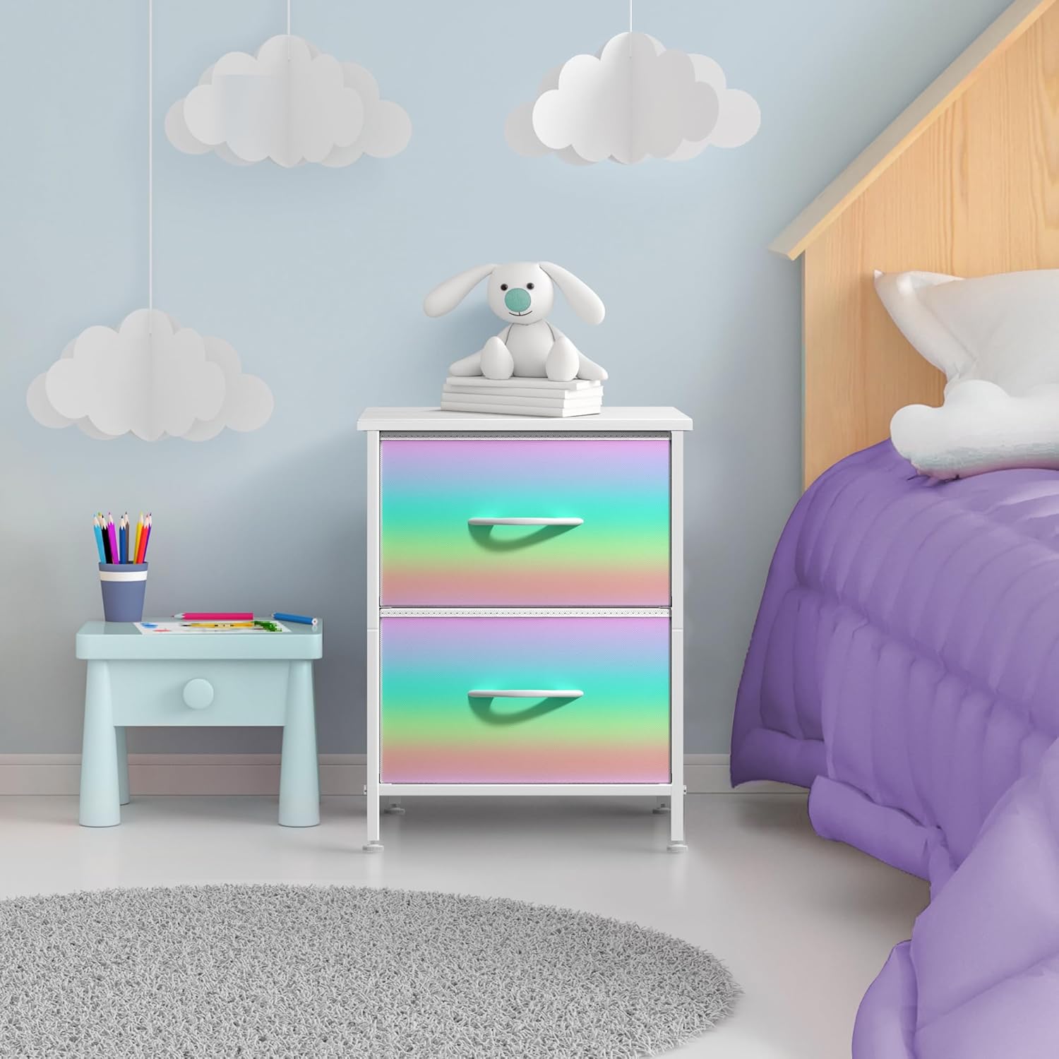 Sorbus Nightstand with 2 Drawers - Kids Bedside Furniture End Table Night Stand - Steel Frame, Wood Top & Easy Pull Fabric Bins - Dresser & Chest for Home, Bedroom Accessories, Office & College Dorm