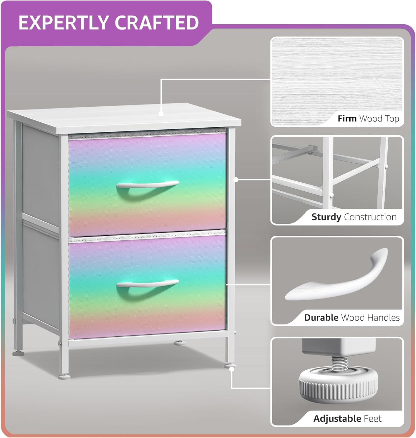 Sorbus Nightstand with 2 Drawers - Kids Bedside Furniture End Table Night Stand - Steel Frame, Wood Top & Easy Pull Fabric Bins - Dresser & Chest for Home, Bedroom Accessories, Office & College Dorm - Image 3