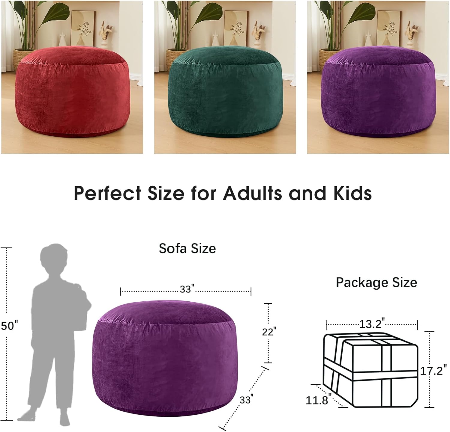 Alternative view of ILPEOD Bean Bag Chairs for Adults - Memory Foam Furniture BeanBag Chair - Kids/Teens Sofa with Soft Micro Fiber Cover - Round Fluffy Couch for Living Room Bedroom College Dorm - 3 ft, Purple