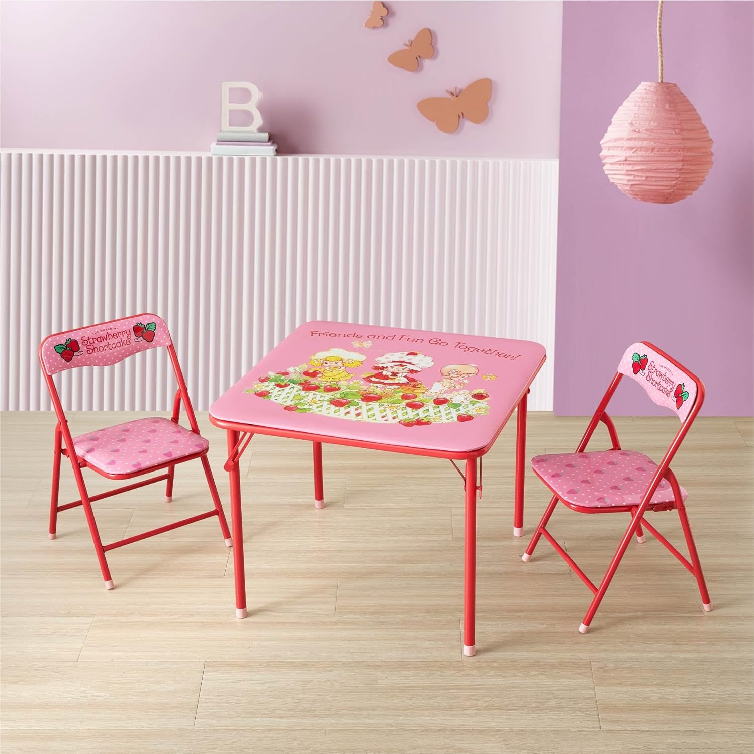 Idea Nuova 3-Piece Furniture Set with 1 Square Table & 2 Folding Chairs for Kids, Strawberry Shortcake