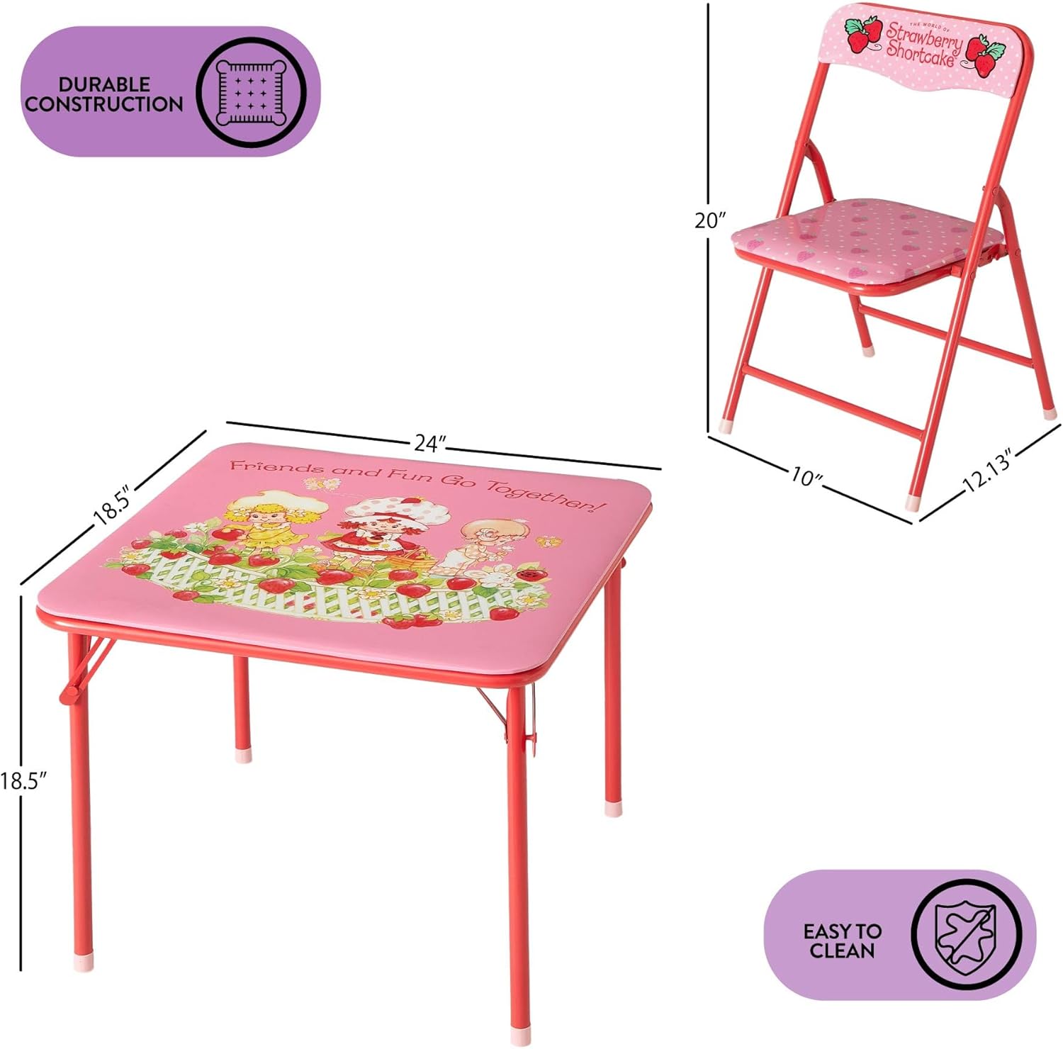 Alternative view of Idea Nuova 3-Piece Furniture Set with 1 Square Table & 2 Folding Chairs for Kids, Strawberry Shortcake