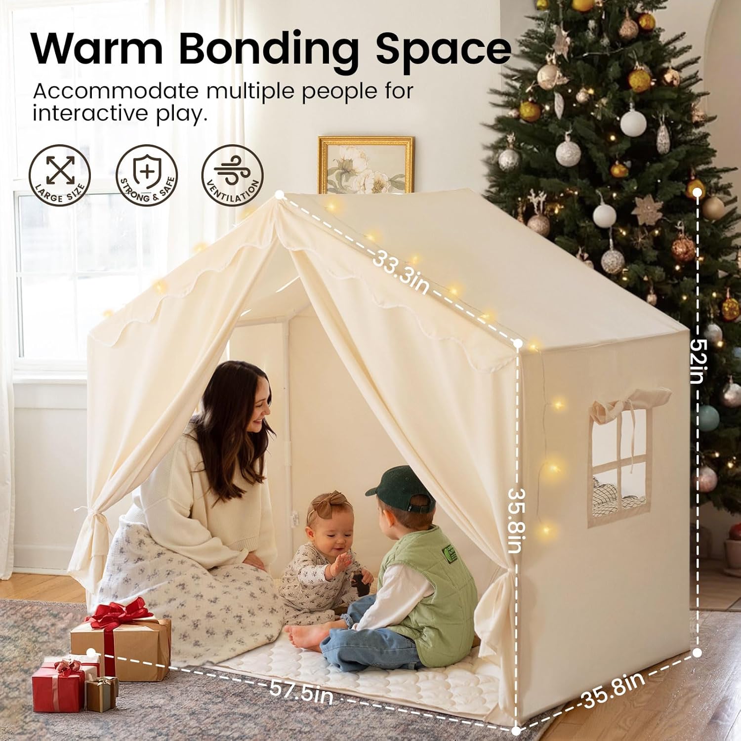 Tiny Land Kids Tent with Mat and Star Lights, Indoor Playhouse for Toddlers, 57"x36"x52" Large Reading Nook for Girls & Boys, Modern Bed Canopy for Kids Room