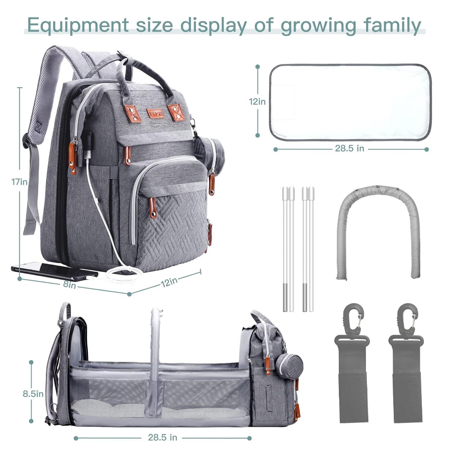 ISMGN Diaper Bag Backpack with Changing Station, Large Diaper Bag, Baby Bag, Multifunctional Diaper Bag, Gray