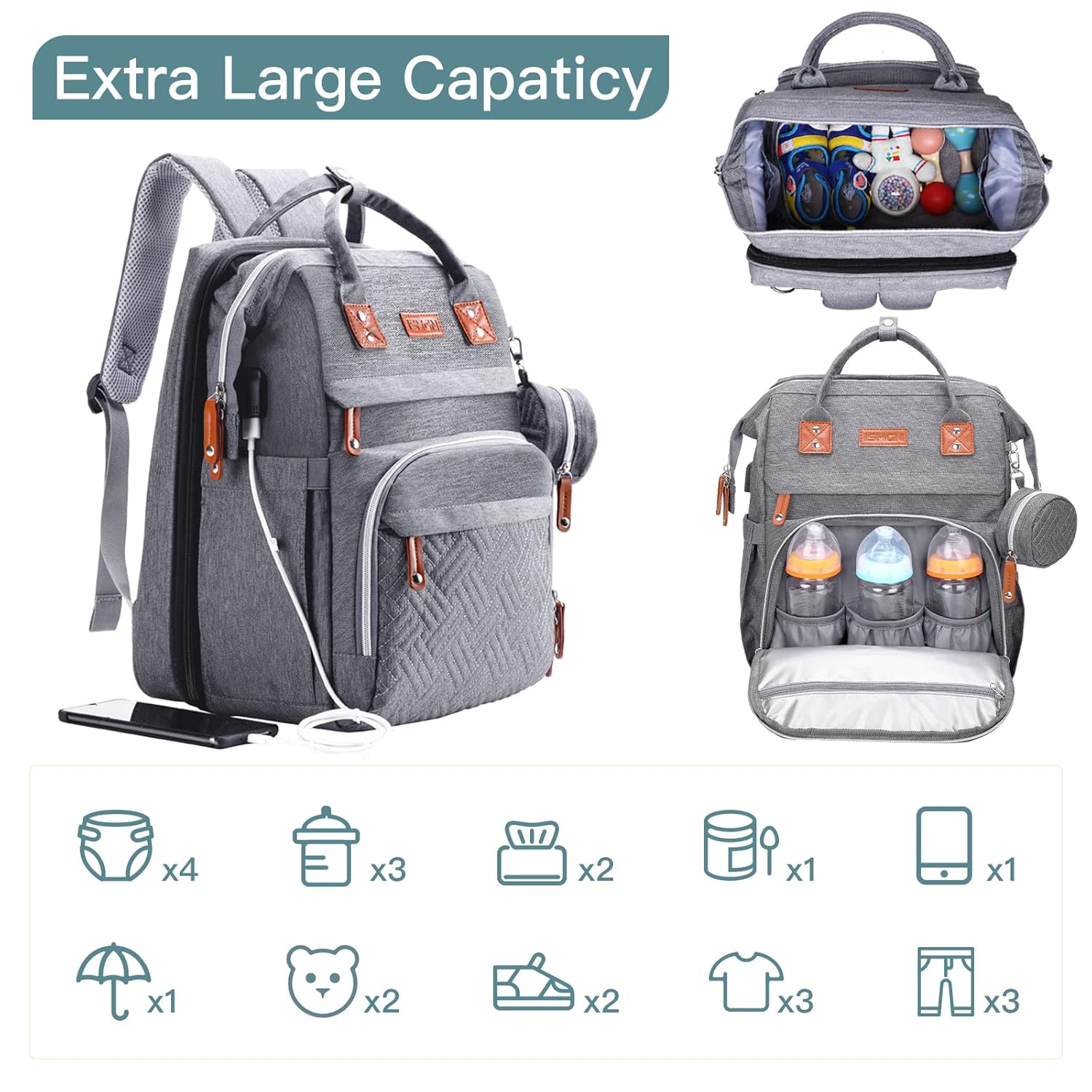 Alternative view of ISMGN Diaper Bag Backpack with Changing Station, Large Diaper Bag, Baby Bag, Multifunctional Diaper Bag, Gray