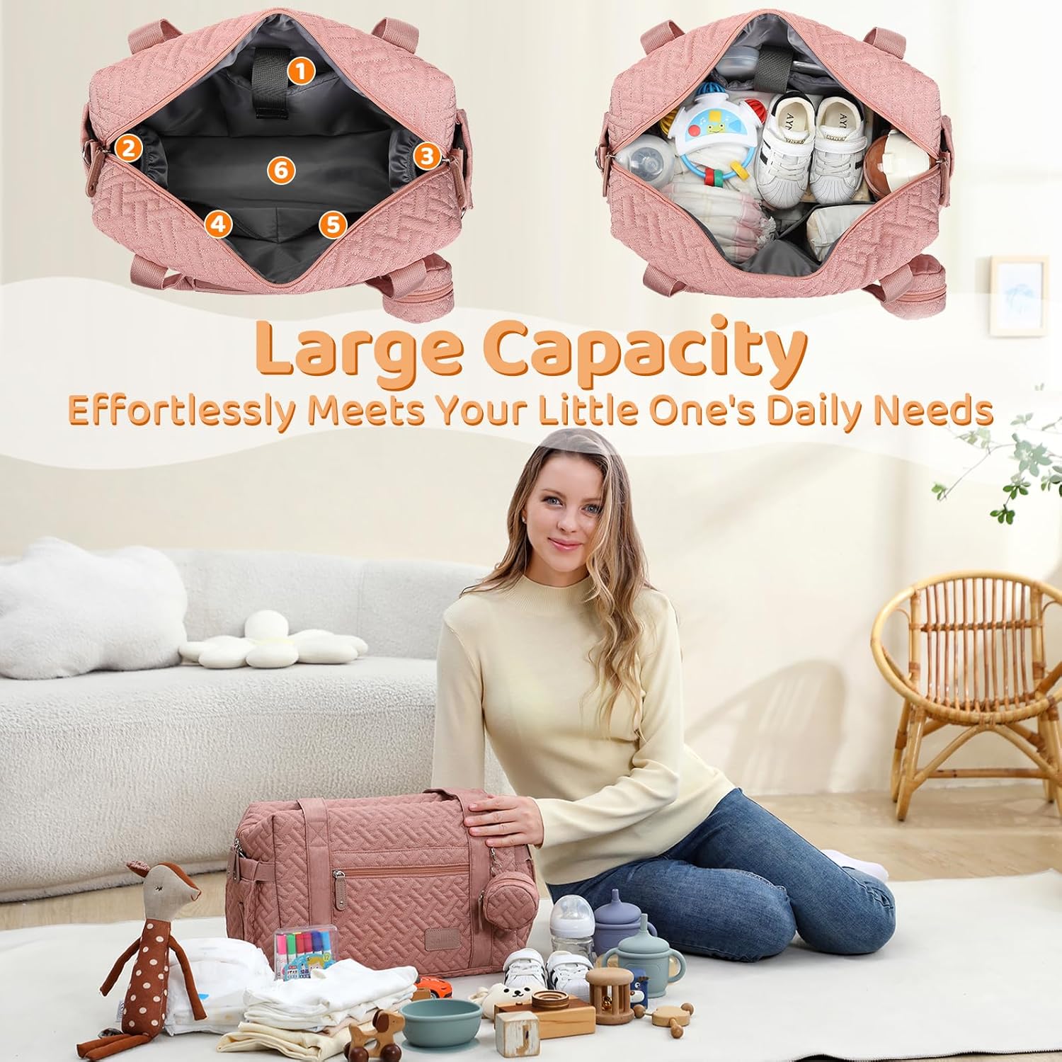 JOLLITO Diaper Bag Tote, Large Capacity Travel Diaper Bags With Changing Pad, Hospital Bag For Labor Delivery, Baby Bag