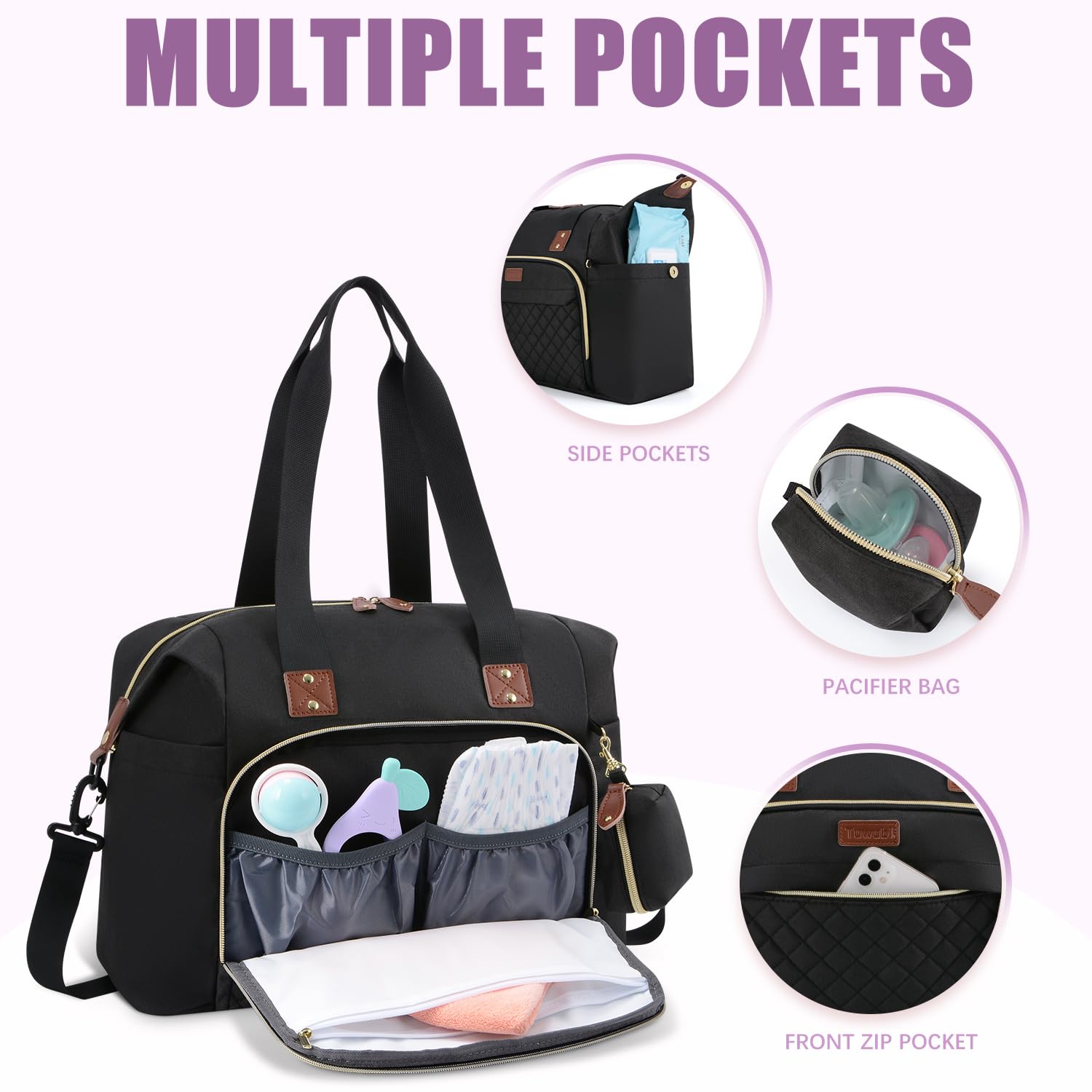 Tuwubi Diaper Bag Tote,Baby Diaper Bag with Pacifier Case Large Travel Diaper Tote Caddy for Mom and Dad Multifunction Large Baby Bag - M-Black