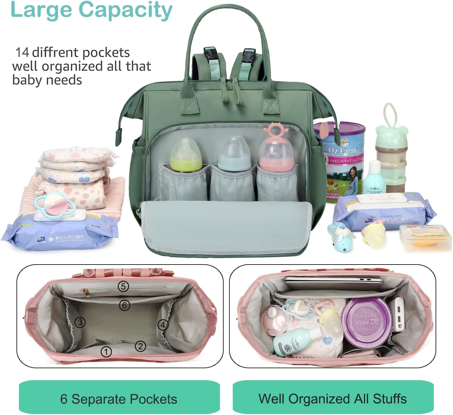 LORADI Large Diaper Bag Tote, 14 Pockets Stylish Baby Bag with Stroller Clips and 3 Insulated Pockets, Baby Shower Essentials