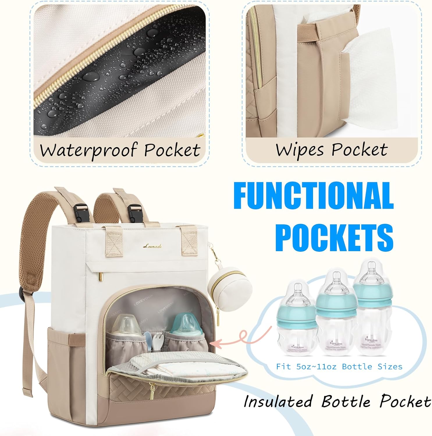 Alternative view of LOVEVOOK Diaper Bag Backpack, Large Capacity Portable Baby Bag with Foldable Diaper Changing Pad, Waterproof Baby Diaper Bags Gift for Mon Dad, Ivory Khaki