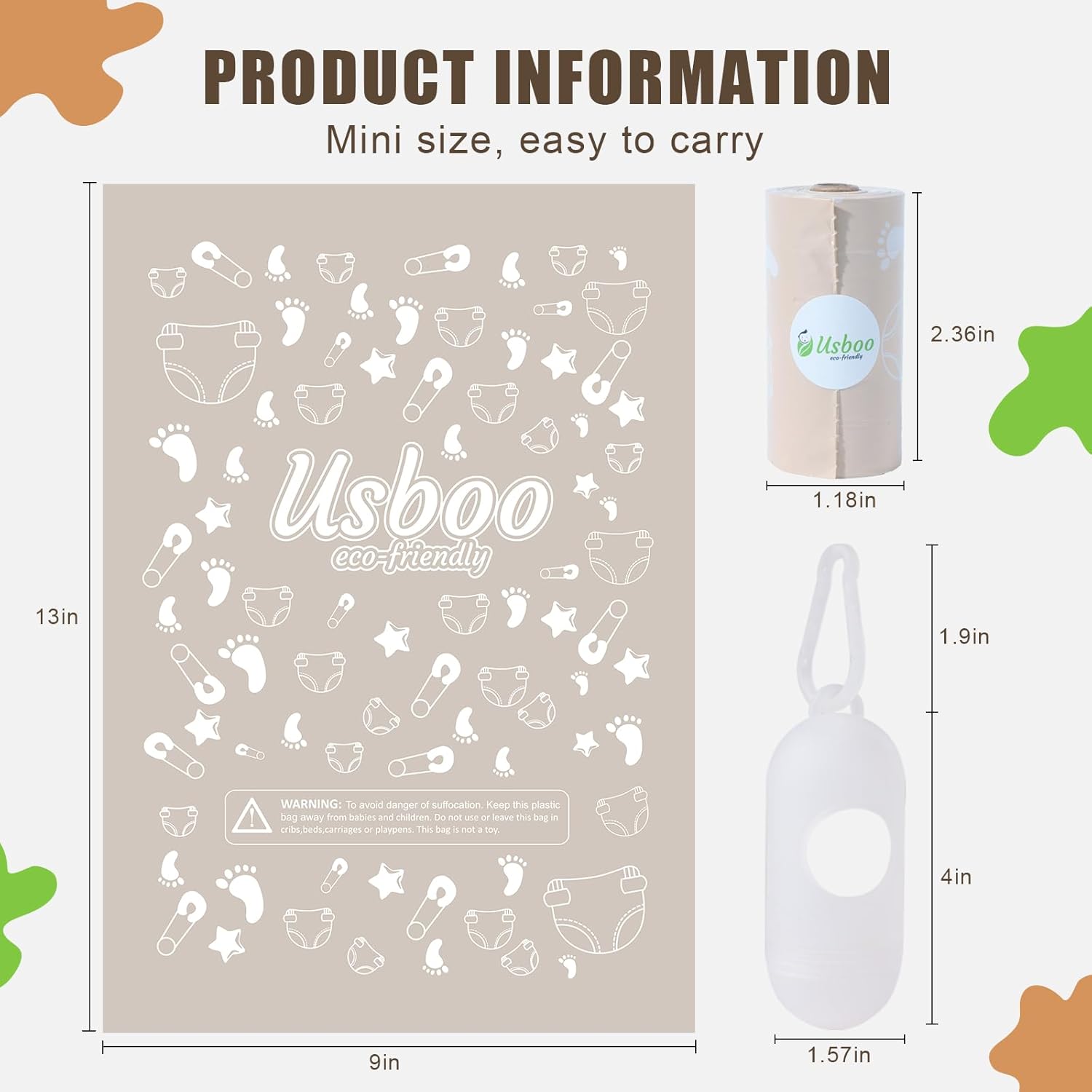 Diaper Bags Disposable for Baby, Biodegradeable Dirty Diaper Bags (8 Refill Rolls/120 Bags) with Dispenser | Leak Proof Diaper Trash Bags | Baby Poop Bags | Fresh Powder Scent