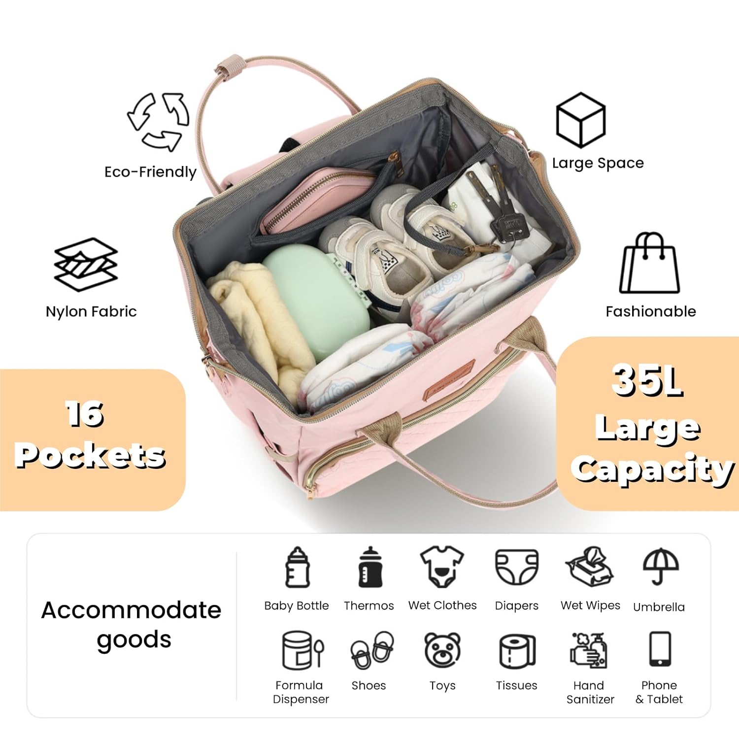 ROSEGIN Pink Diaper Bag Backpack for Baby Girls - Baby Shower Gifts for Mom, Quilted Diaper Bag with Changing Pad, Pacifier Case, Insulated Pockets, Stroller Straps, 35L Large Capacity - Cute