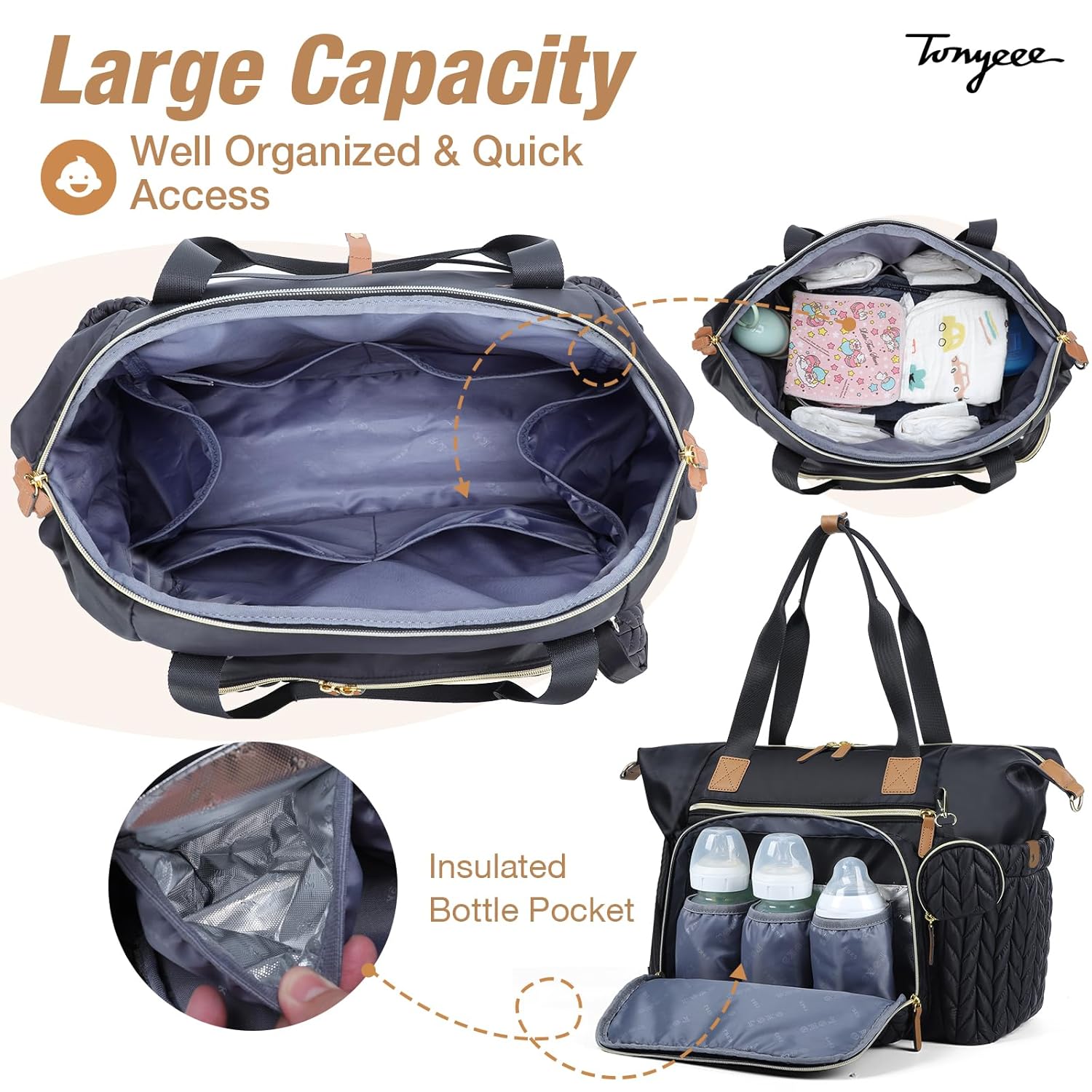 Alternative view of Tonyeee Diaper Bag Tote, Large Diaper Bags Waterproof, Hospital Bag for Labor Delivery, Baby Bag with Pacifier Case, Travel Diaper Tote with Changing Pad, Black