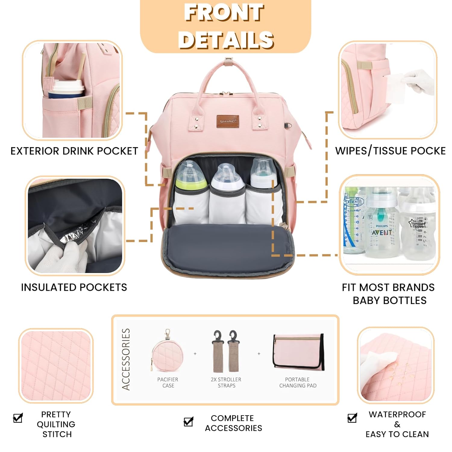 Alternative view of ROSEGIN Pink Diaper Bag Backpack for Baby Girls - Baby Shower Gifts for Mom, Quilted Diaper Bag with Changing Pad, Pacifier Case, Insulated Pockets, Stroller Straps, 35L Large Capacity - Cute