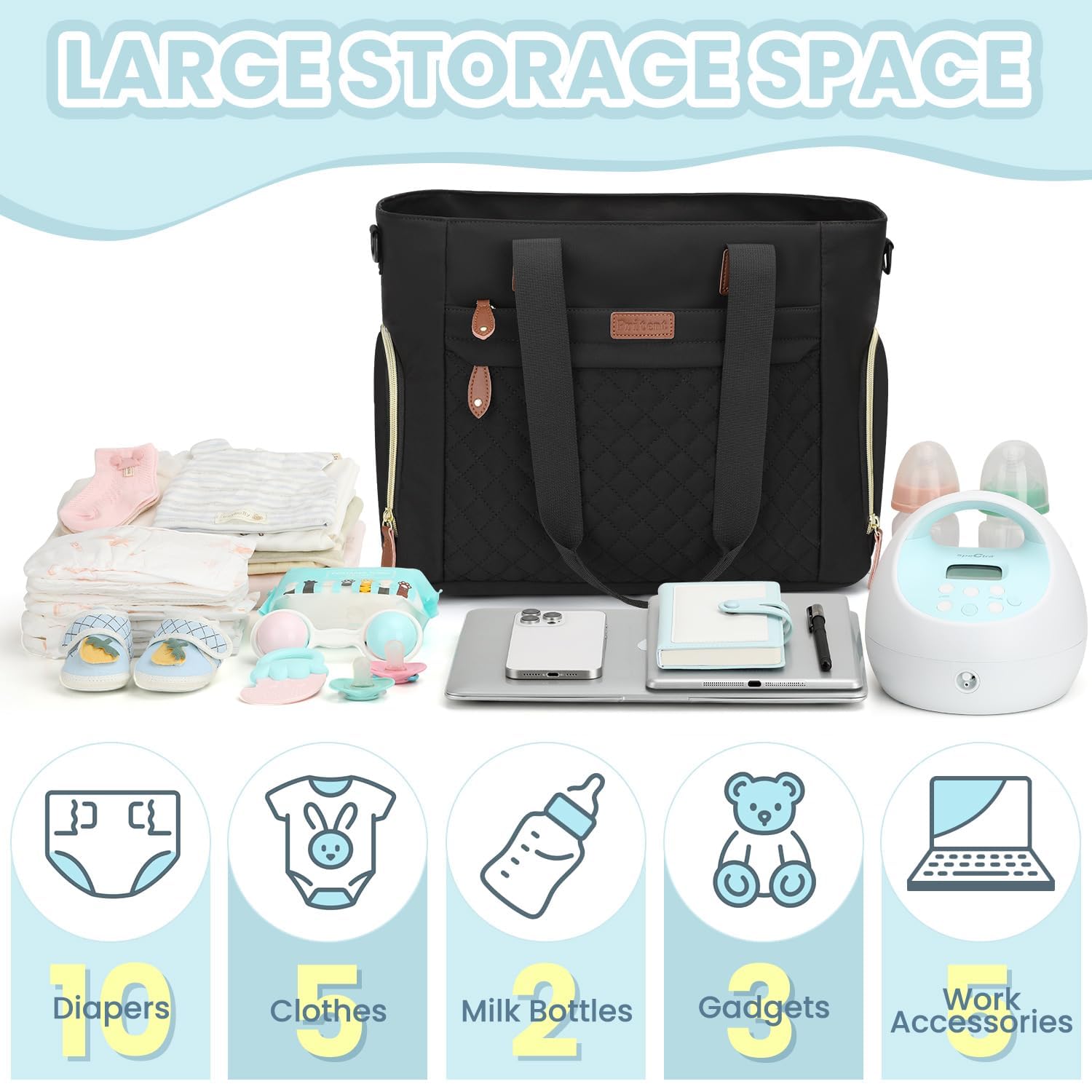 Pritent Diaper Bag Tote for Working Mom, Large Travel Diaper Tote for Mom and Dad with 14 Inch Laptop Sleeve, Mommy Maternity Travel Baby Bag for Boys and Girls, Black