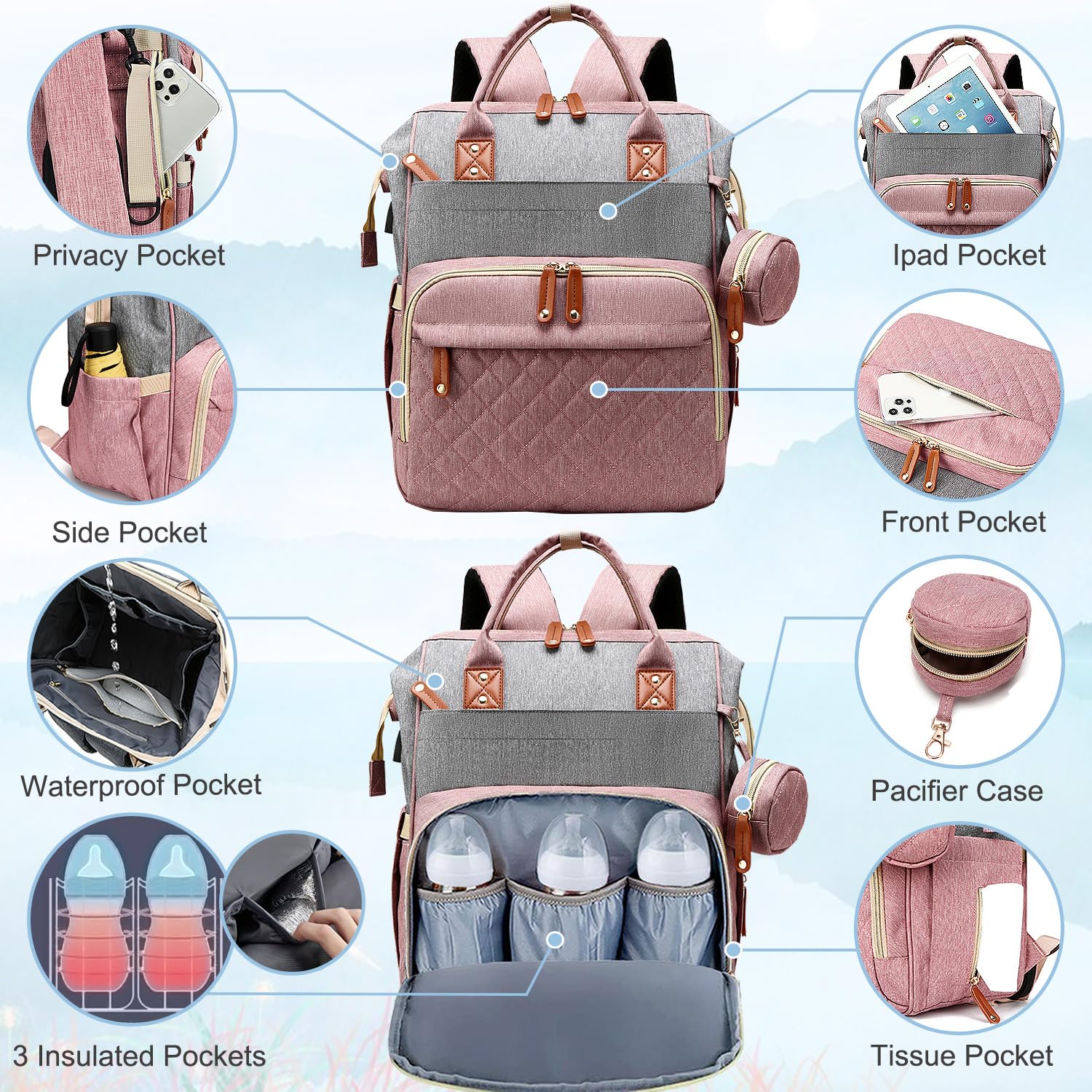 Alternative view of SHITIESHOU Diaper Bag Backpack Baby Bag, Baby Girl Boy Diaper Bag for Dad Mom with Pad, 16 Pockets, Pacifier Case, Large Diaper Bags Unisex for Travel(Pink Grey)