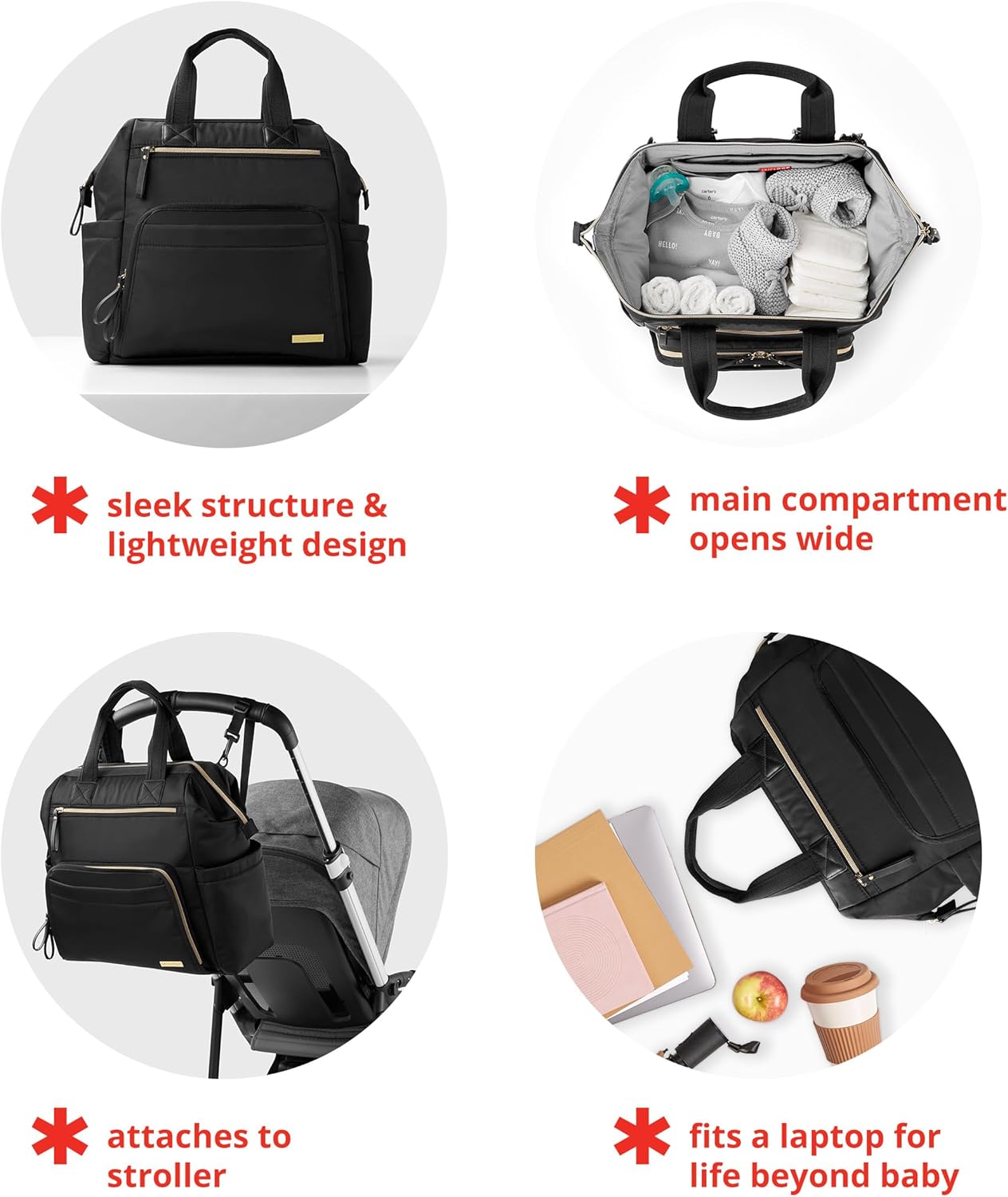 Skip Hop Diaper Bag Backpack: Mainframe Large Capacity Wide Open Structure with Changing Pad & Stroller Attachement, Black with Gold Trim