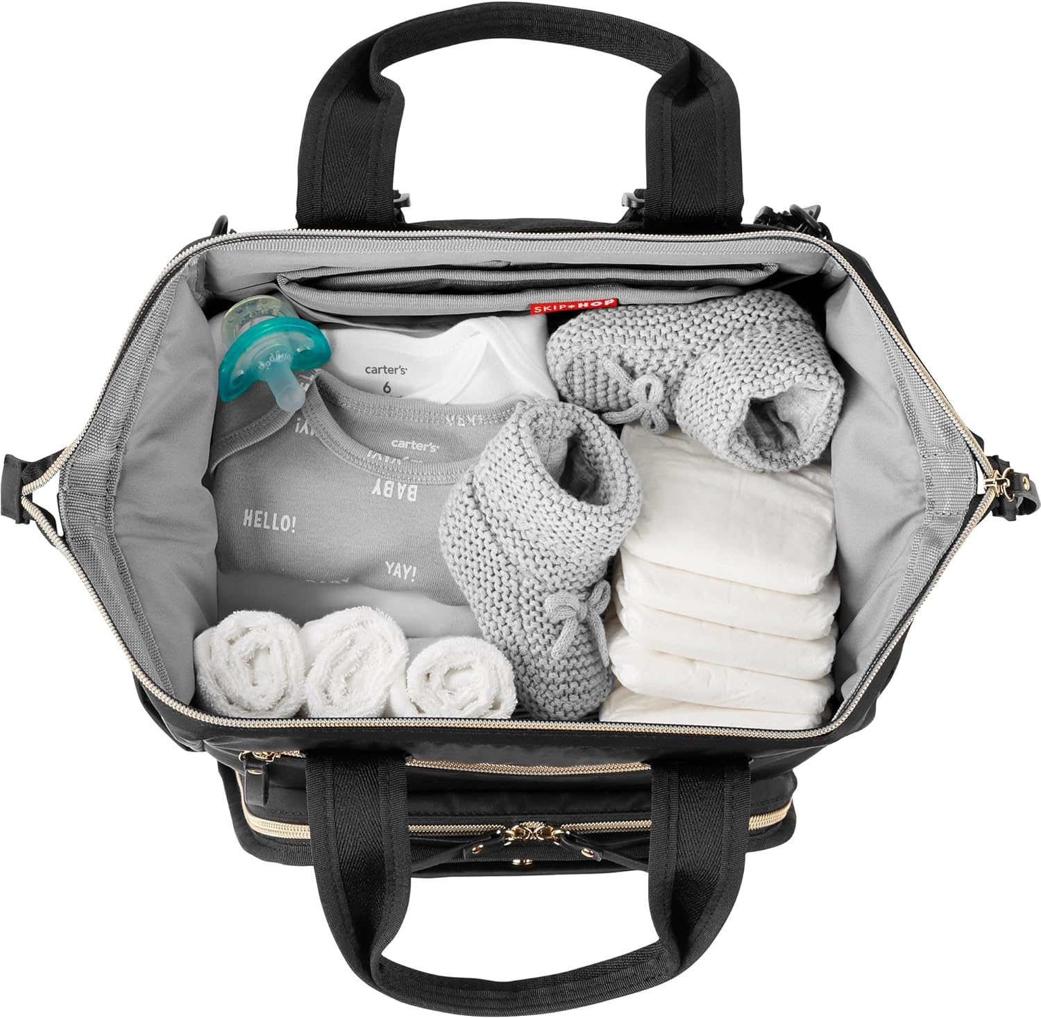 Alternative view of Skip Hop Diaper Bag Backpack: Mainframe Large Capacity Wide Open Structure with Changing Pad & Stroller Attachement, Black with Gold Trim