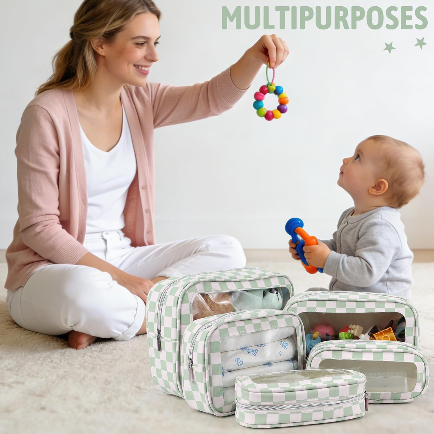 5PCS Diaper Bag Organizer Pouch Set,TSA Approved Toiletry Bag, Waterproof TPU Makeup Bag Set, Travel Organizer Bags for Women and Kids