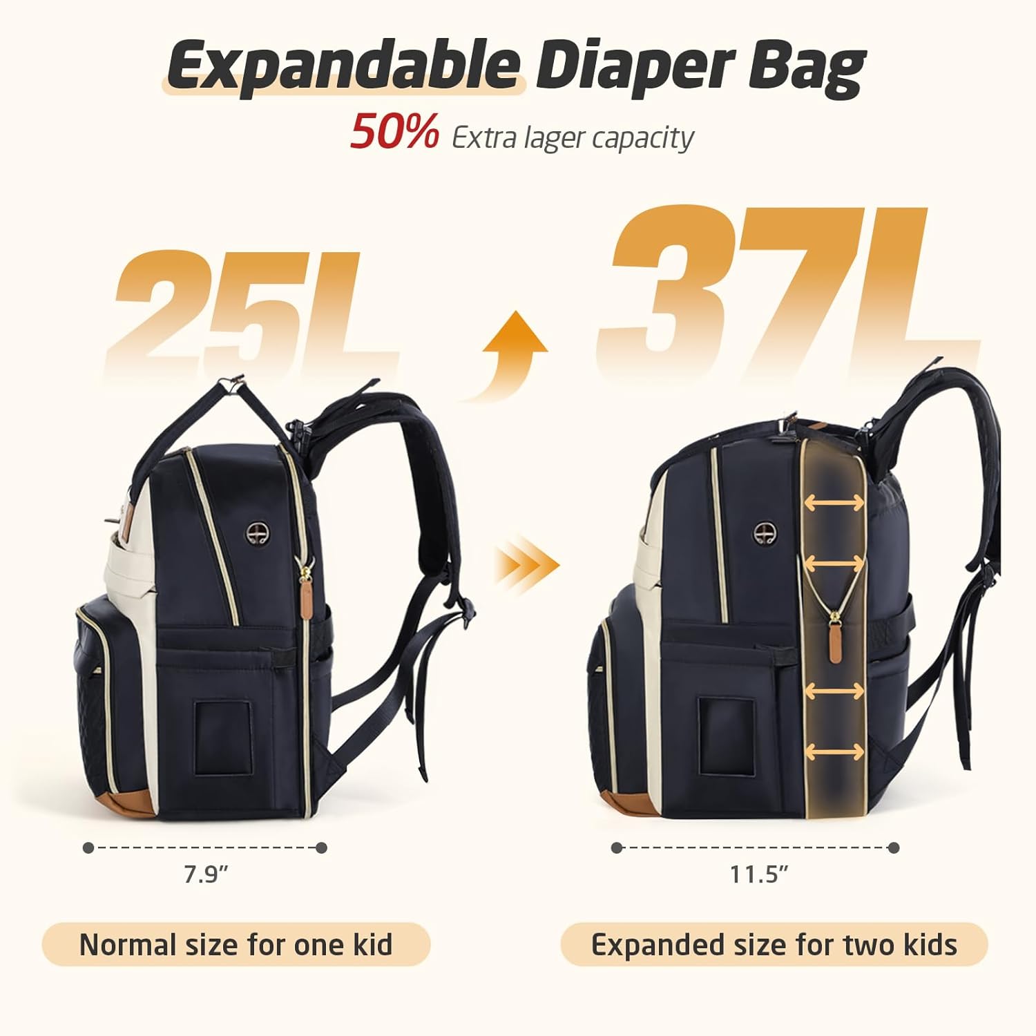 Tonyeee Diaper Bag Backpack - Extra Large Diaper Bag for 2 Kids Twin, Travel Baby Bags for Mom Dad 25-37L Expandable with Changing Pad Earphone Hole, Apricot Black
