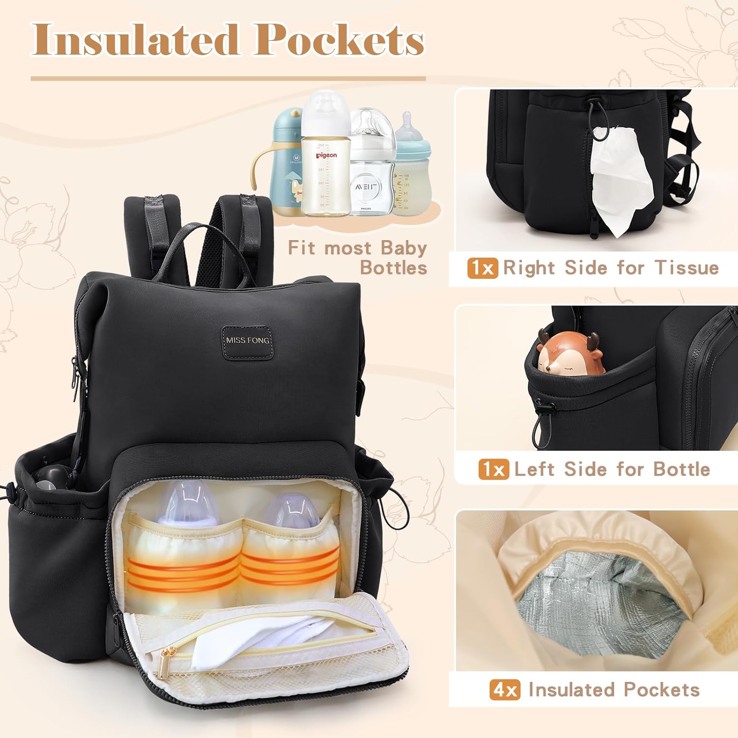 Alternative view of miss fong Diaper Bag Backpack - Baby Diaper Bag Neoprene Bag Large Capacity Neoprene Backpack with Diaper Changing Pad Pañaleras Para Bebe Baby Backpack with 12 Pockets for Mom & Dad -Black