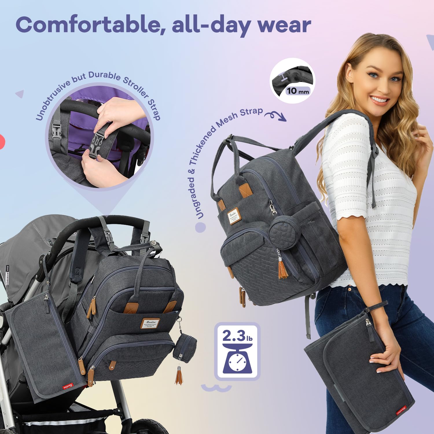 RUVALINO Diaper Bag Backpack, Multifunction Travel Pack Maternity Baby Changing Bags, Large Capacity, Waterproof, Dark Gray | Multifunction, Travel Pack, Maternity, Baby Changing Bags, Waterproof