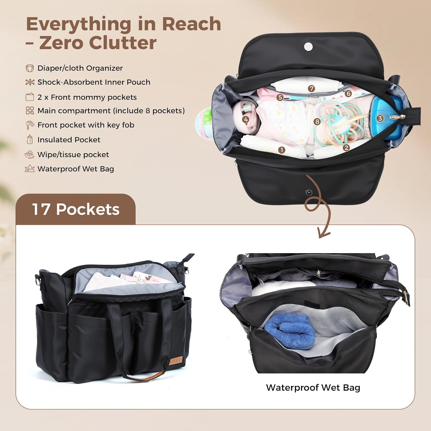 Alternative view of Lekebaby Diaper Bag Tote - 17 Pockets Large Travel Diaper Waterproof Tote with Portable Changing Pad, Mom Crossbody Hospital Bag for Labor Delivery, Baby Essentials for Newborn Gifts, Black