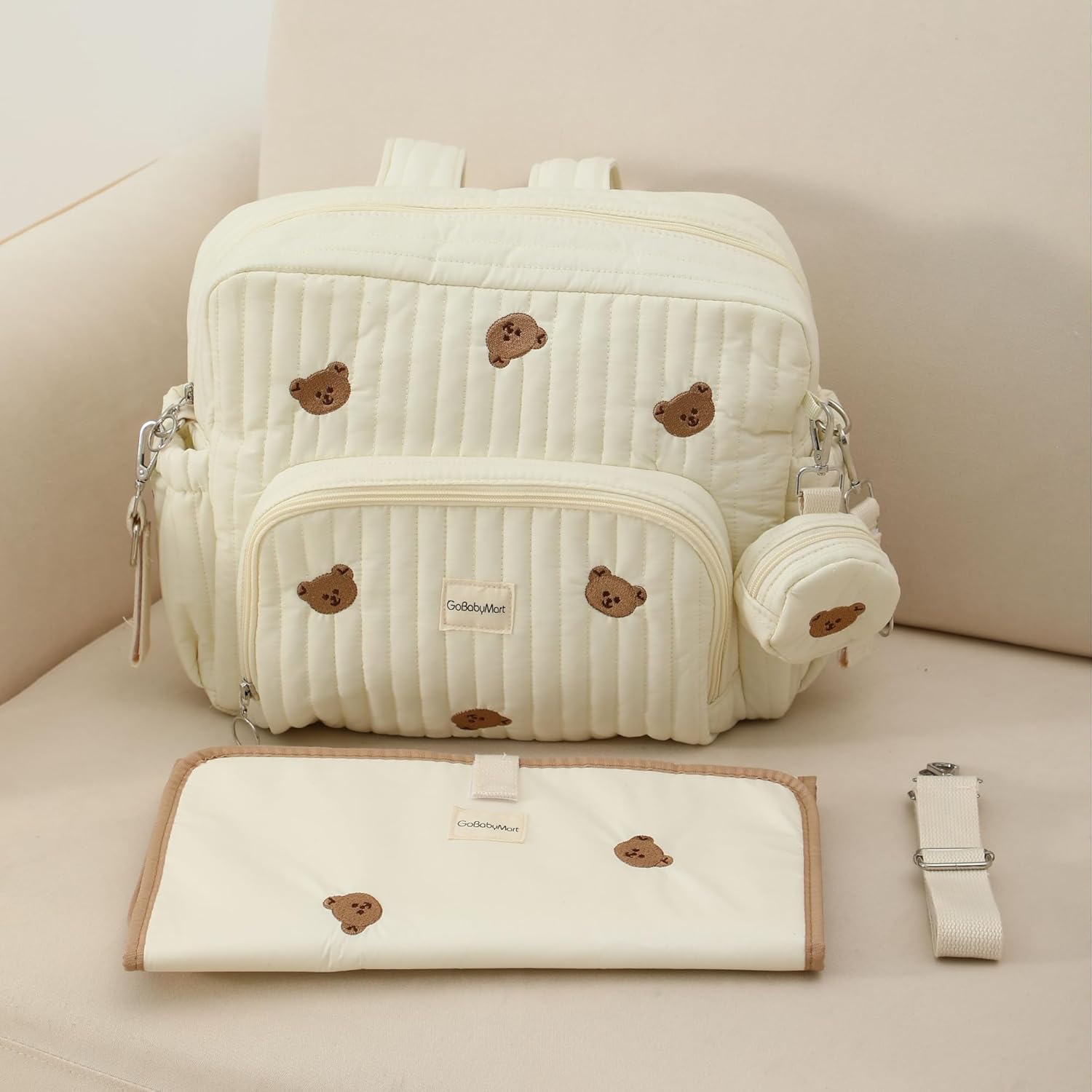GOBABYMART Diaper Bag Backpack, Medium Maternity baby bag & Changing Pad, Insulated Pockets, Stroller Straps & Pacifier Case (Medium - Beige Bears)
