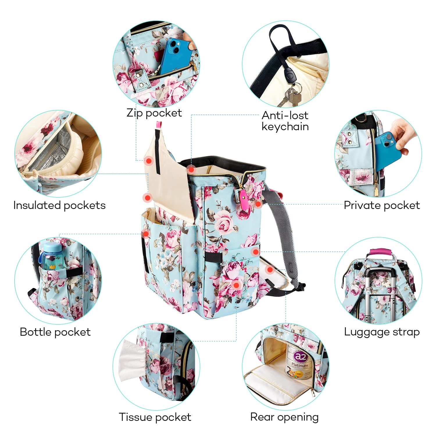 Alternative view of LitBear Diaper Bag Backpack, Large Capacity Multifunction Nappy Bags, Waterproof Baby Bag Floral Insulated Sturdy Travel Maternity Back Pack for Baby Girls with Diaper Pad Bottle Bag (Rose Flower)
