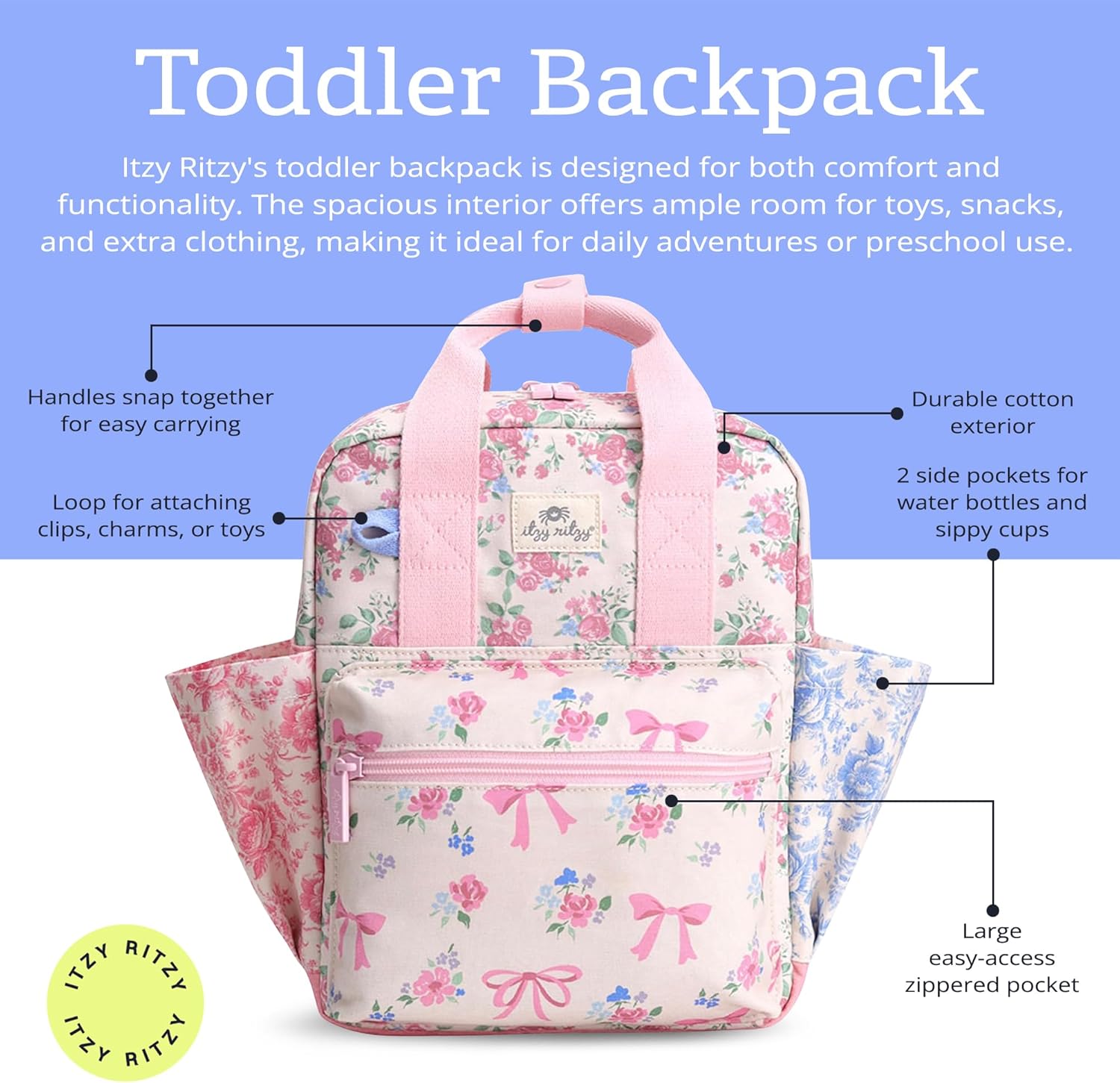 Alternative view of Itzy Ritzy Toddler Backpack - Daycare Bag - Features Adjustable Shoulder Straps, 2 Side Pockets & Spacious Interior with Wipeable Fabric Lining & Name Label, Ribbons & Roses Backpack