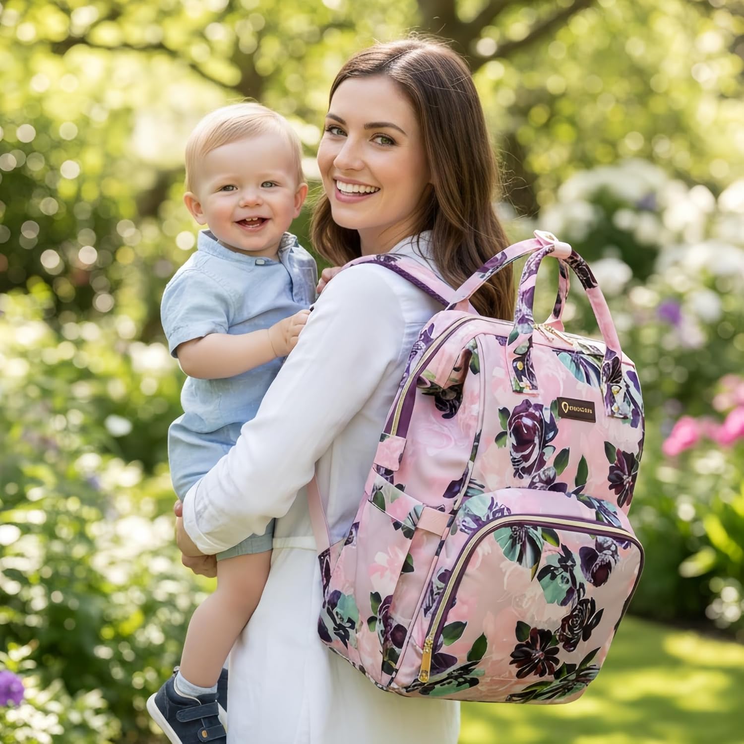 QWREOIA Floral Diaper Bag Backpack with USB Charging Port Stroller Straps and Insulated Pocket,Travel Bag Nappy Backpack For Women/Mum (Rose Flower Pattern)