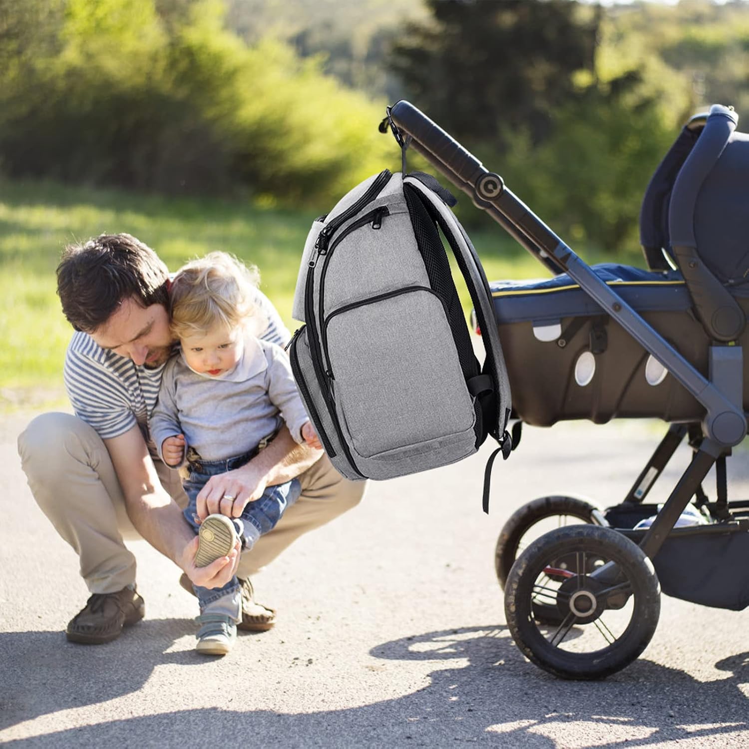 Mancro Diaper Bag Backpack, Large Multifunction Waterproof Travel Baby Changing Bag for Dad Mom with 4 Insulated Pockets and Stroller Straps, Maternity Baby Bag for Boys Girls, Grey