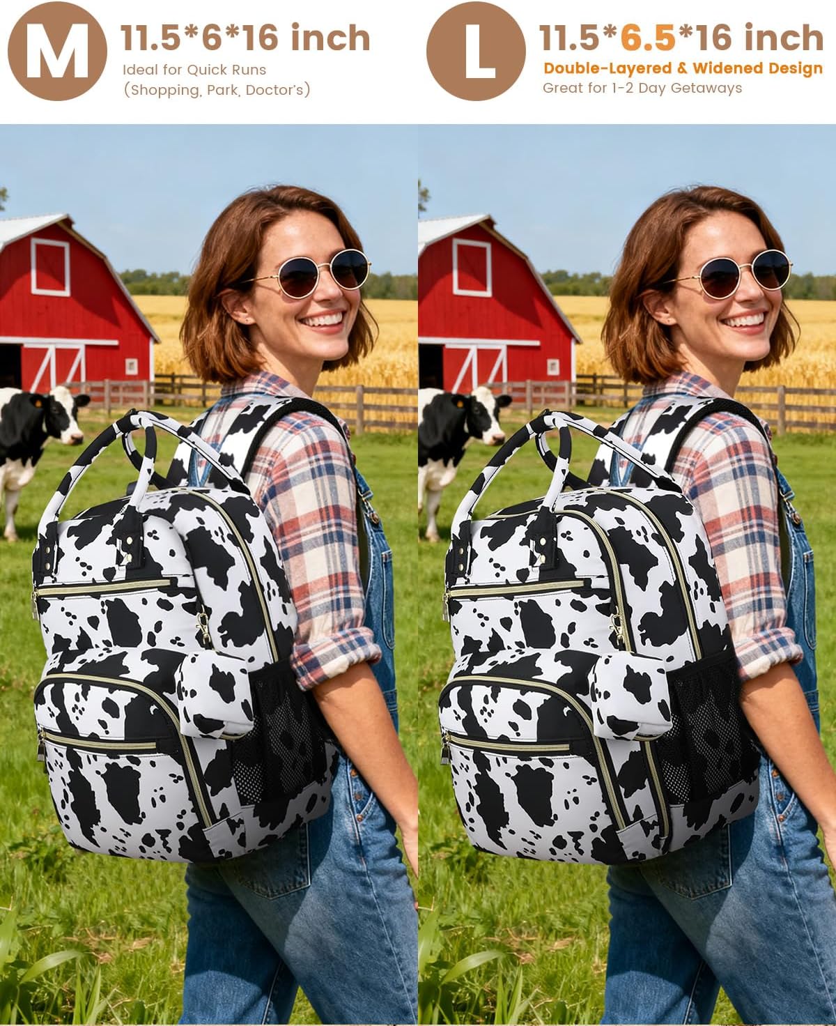 Pritent Diaper Bag Backpack,Baby Essentials Diapers Bag with Pacifier Case,Multipurpose Stylish Large Capacity Travel Backpack for Baby Girl/Boy(M-Cow Print)