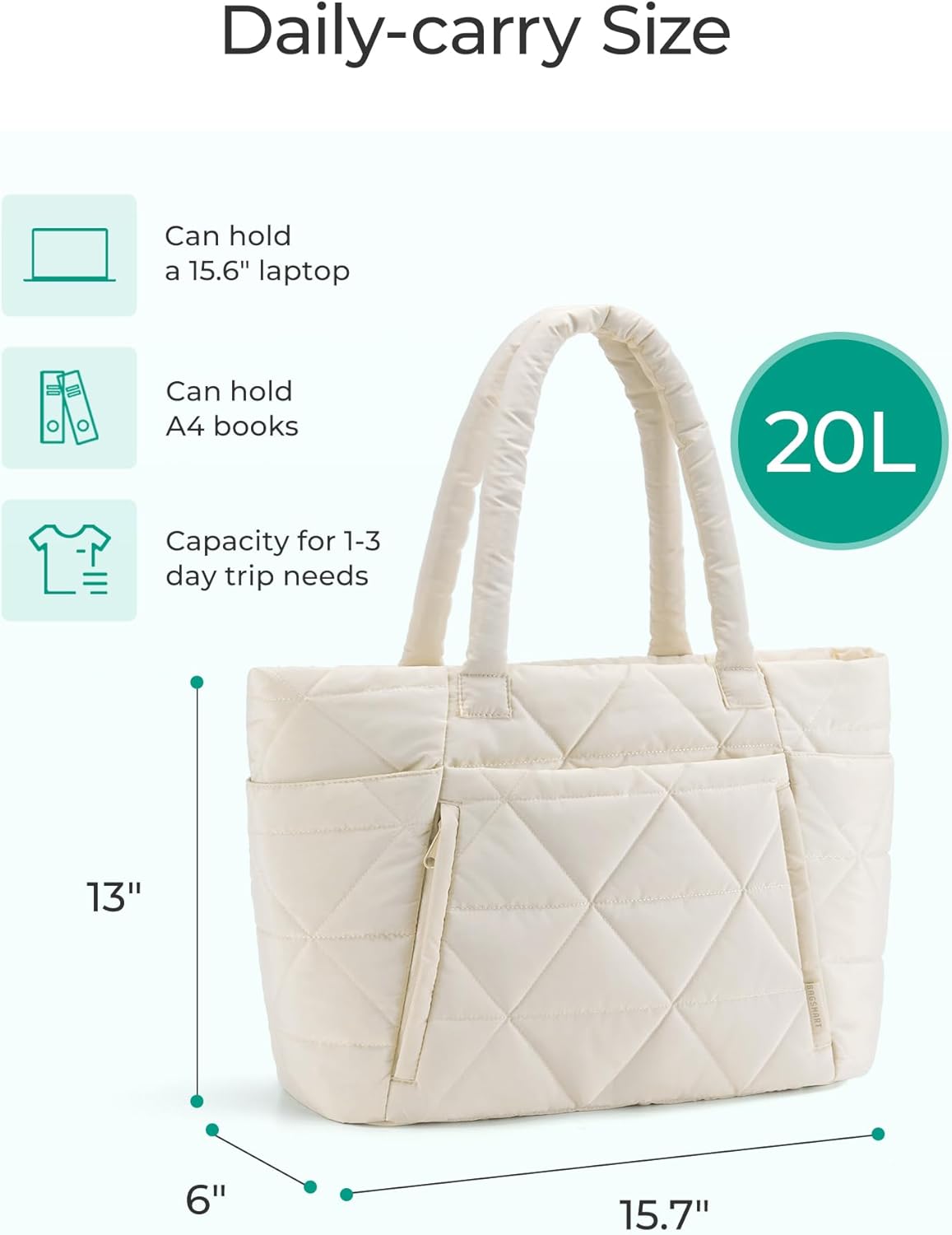 Alternative view of BAGSMART Tote Bag for Women, Puffy Tote Bag with Zipper, Large Quilted Shoulder Bag with Compartments for Travel, Work, Gym