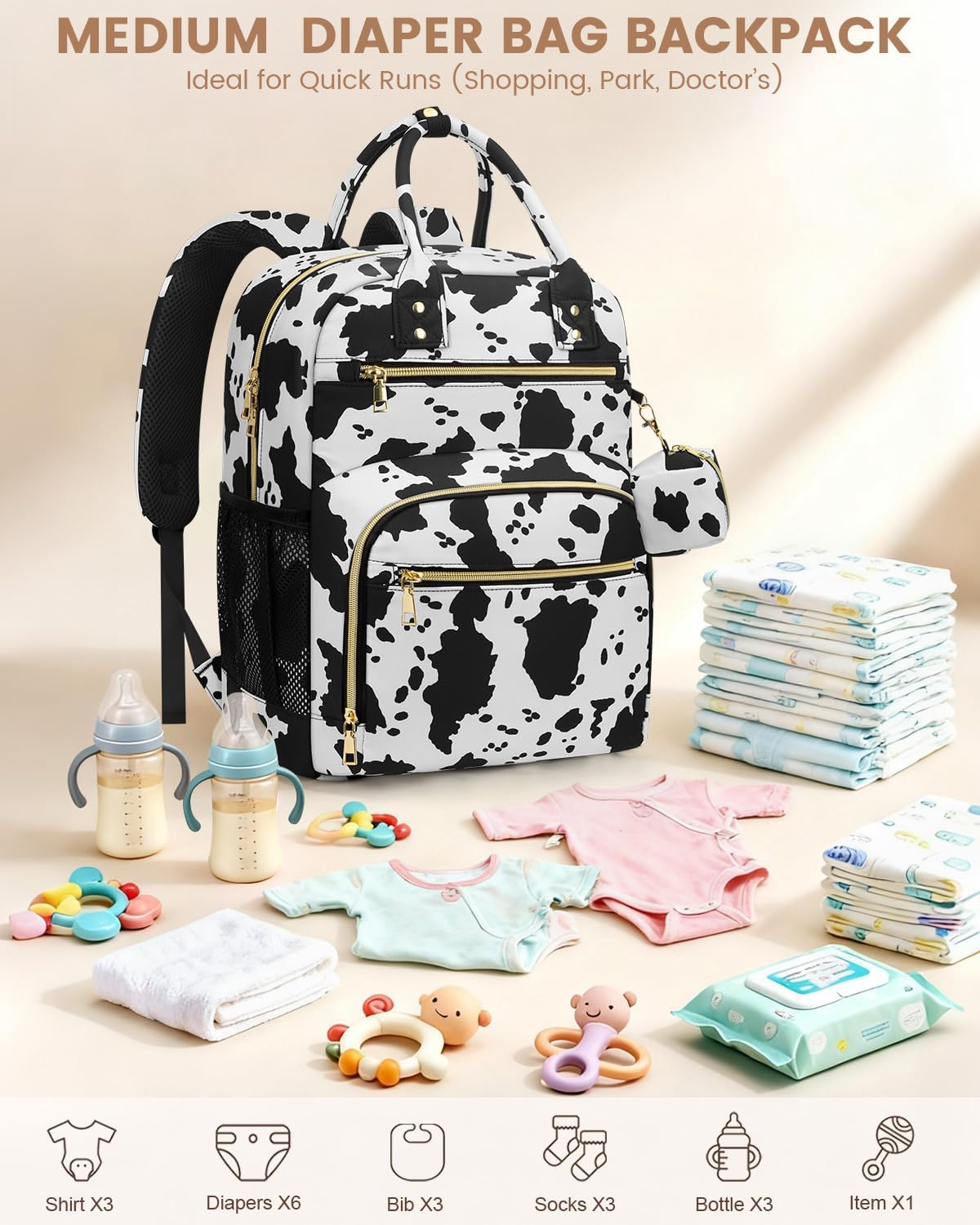 Alternative view of Pritent Diaper Bag Backpack,Baby Essentials Diapers Bag with Pacifier Case,Multipurpose Stylish Large Capacity Travel Backpack for Baby Girl/Boy(M-Cow Print)