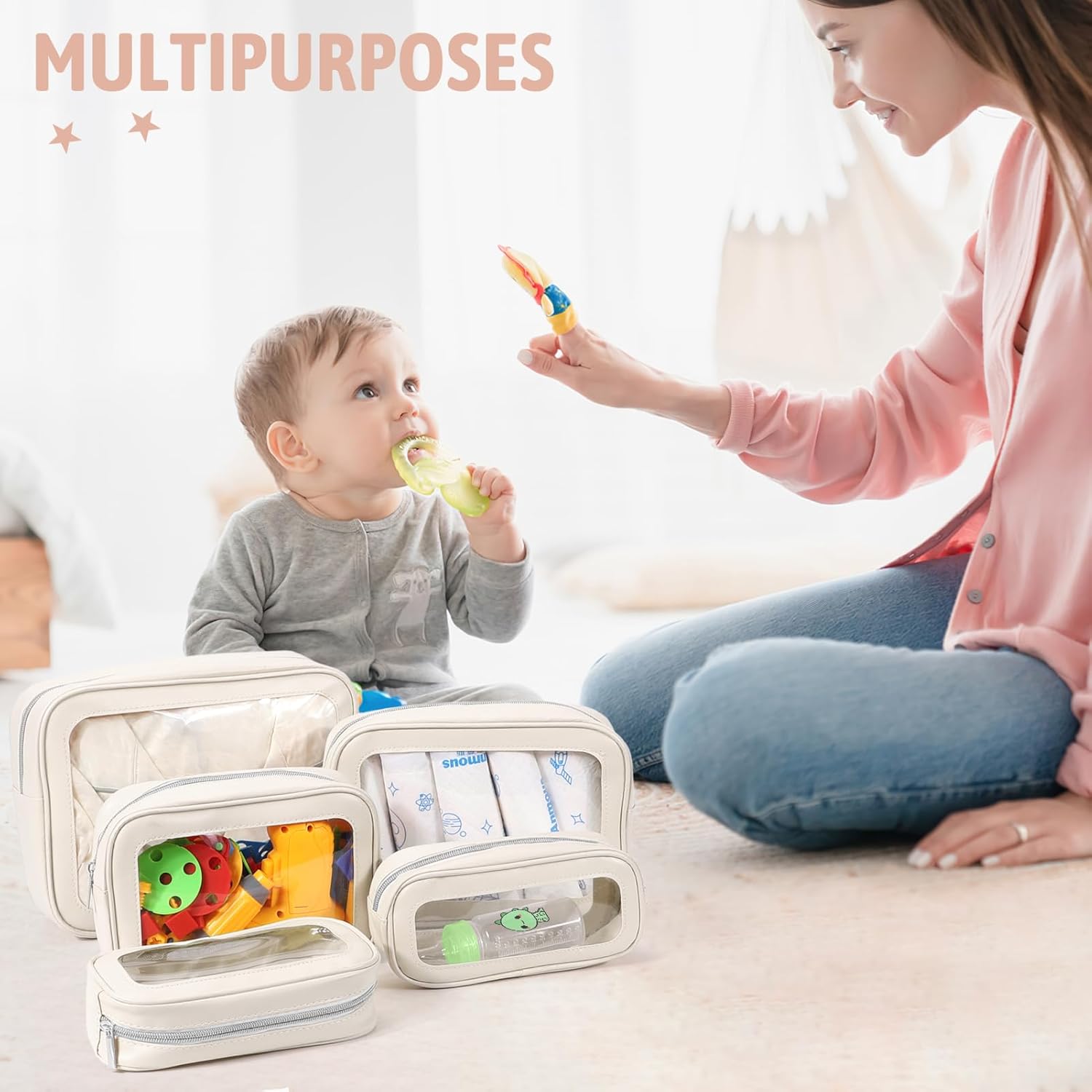 YOPCDJ 5PCS Diaper Bag Organizer Pouch Set, TSA Approved Toiletry Bag，Clear Waterproof TPU Makeup Bag Set Travel Organizer Bags for Women and Kids Valentines Day Gifts