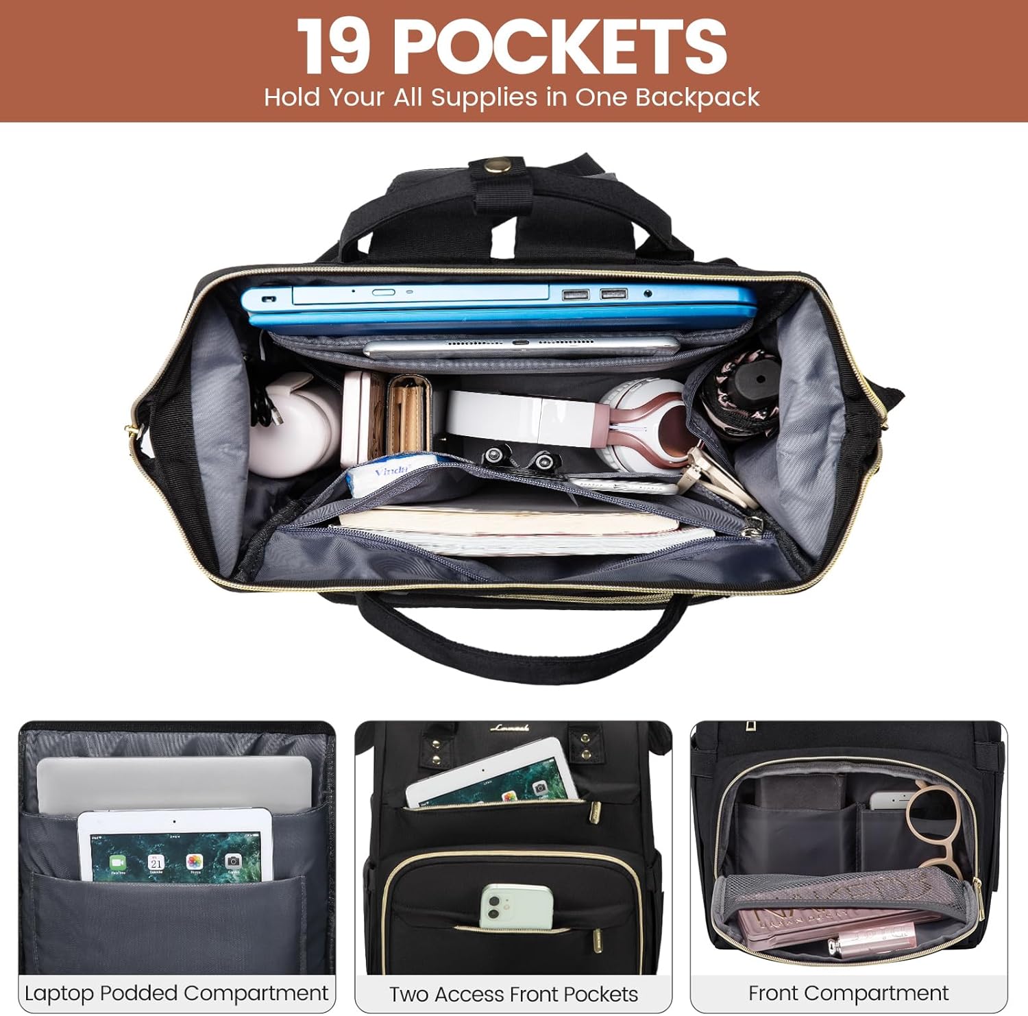 LOVEVOOK Laptop Backpack,15.6 Inch Professional Womens Purse Computer Bag Nurse Teacher Backpack,Waterproof College Work Bags Carry on Travel Back Pack with USB Port,Black