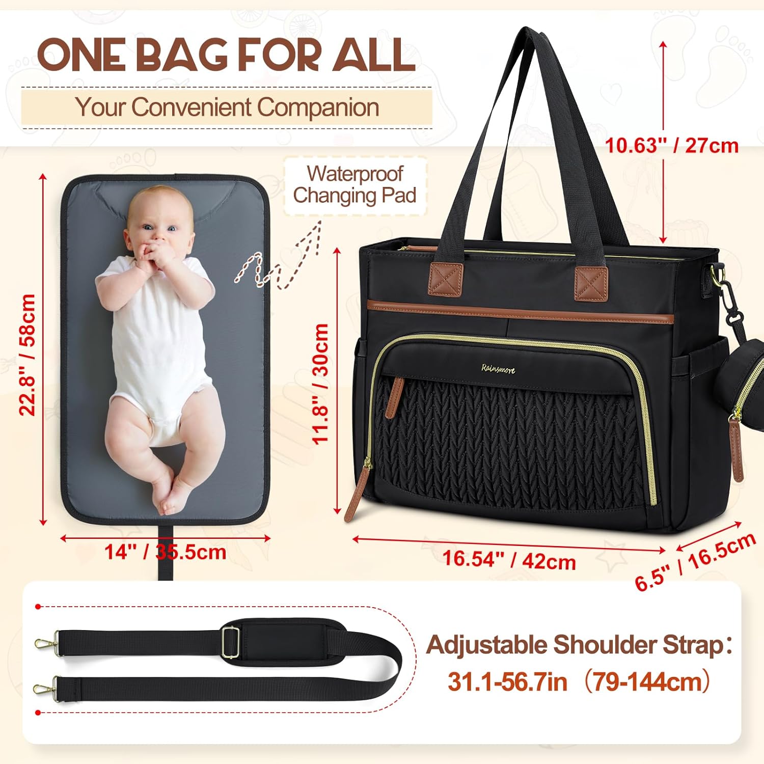 Alternative view of RAINSMORE Diaper Bag Tote, Large Diaper Baby Bag Waterproof Multifunctional Diaper Bag with Pacifier Case & Changing Pad
