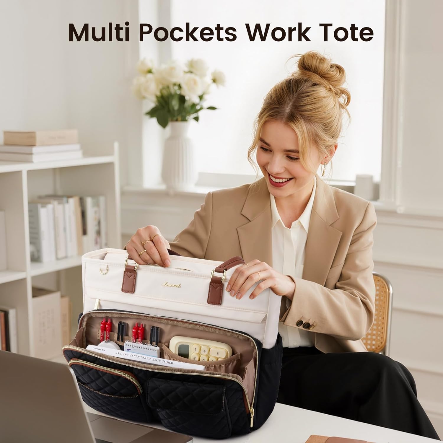 LOVEVOOK Teacher Tote Bag for Women Work, Laptop Bag with Large Cup Holder, Nurse Bag with Multi Pocket, Water-Resistant Business Travel Computer Briefcase Handbag Diaper Bag Mother Gift, 15.6 Inch