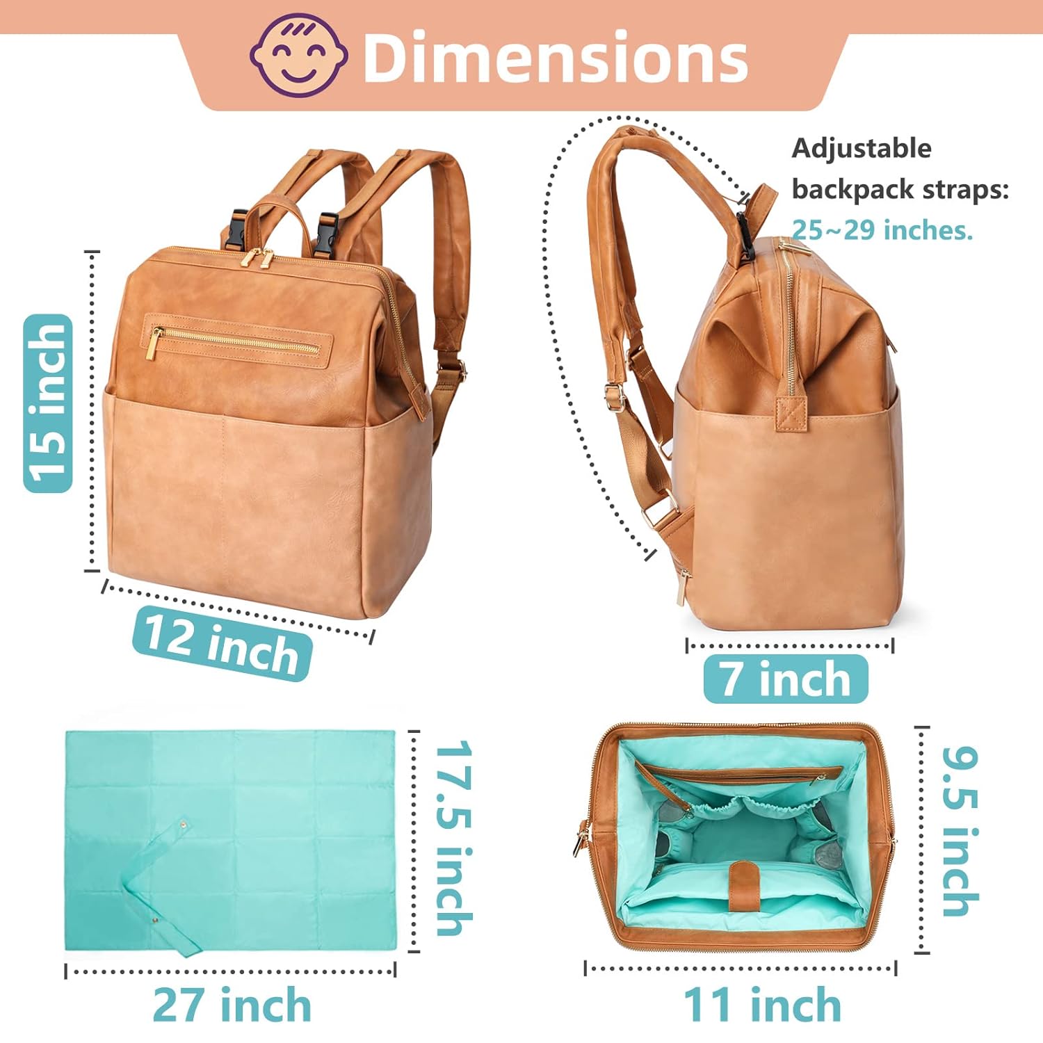 MOMINSIDE Diaper Bag Backpack, Baby Bag Leather with 16 Pockets, Large Baby Diaper bag for Mom, Fits 15 Inch Laptop, 4 Insulated Pockets, Changing Pad, Brown