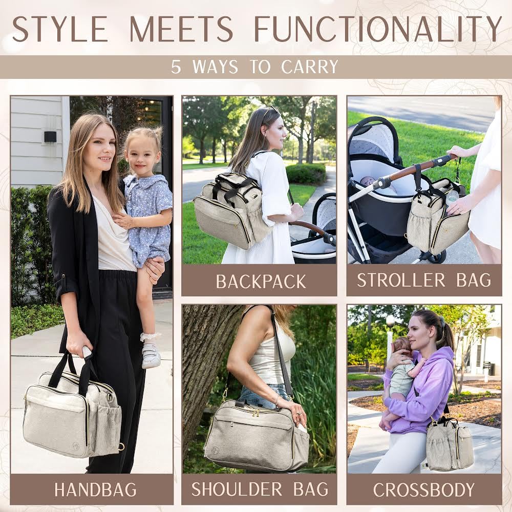 Mellories 4 in 1 Convertible Diaper Bag Tote for Baby Boys and Girls - Converts into Diaper Backpack, Baby Tote, Stroller and Crossbody Diaper Bag - Beige Baby Travel Bag - Gift for Mom