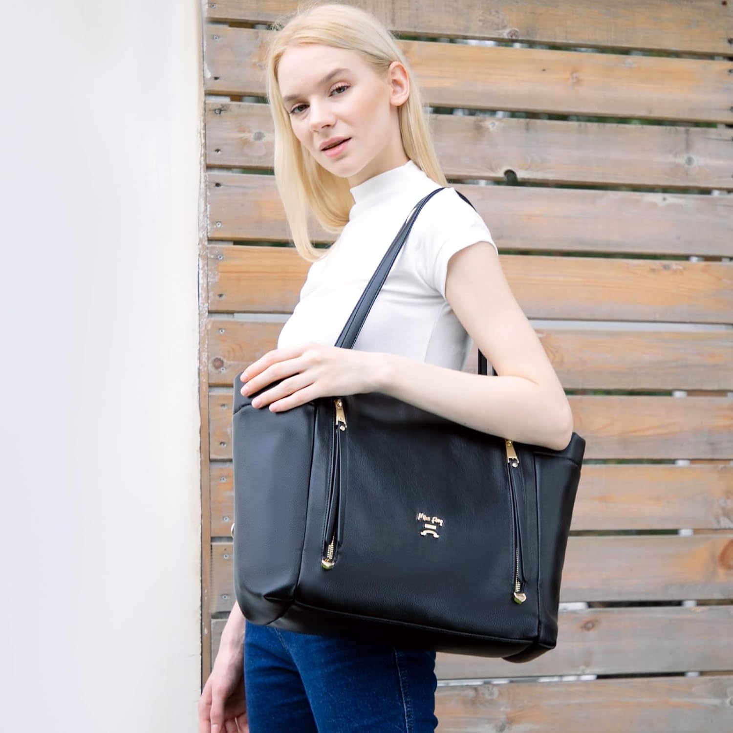 miss fong Diaper Bag Tote Leather Diaper Bag Backpack,Large Capacity Mommy Bag Hospital Bag,12 Pockets Travel Diaper Tote with Changing Pad,Stroller Straps & Insulated Pockets for Mom & Dad-Black