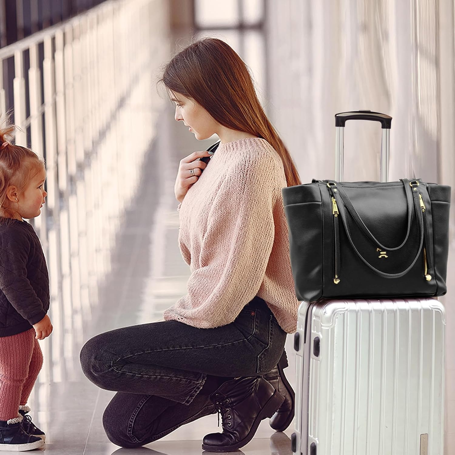 Alternative view of miss fong Diaper Bag Tote Leather Diaper Bag Backpack,Large Capacity Mommy Bag Hospital Bag,12 Pockets Travel Diaper Tote with Changing Pad,Stroller Straps & Insulated Pockets for Mom & Dad-Black