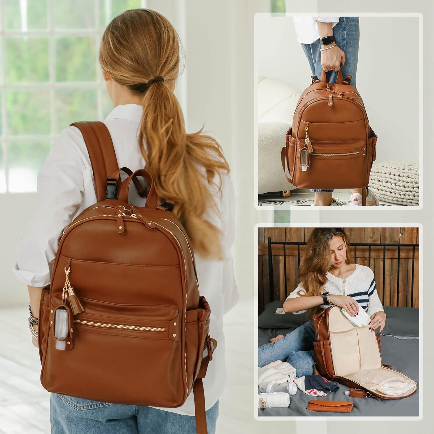 Alternative view of miss fong Diaper Bag, Diaper Bag Backpack, Baby Diaper Bag, Leather Diaper Bag Backpack with Changing Pad & Stroller Strap,Multi-function Large Capacity & Waterproof Travel Backpack, Brown