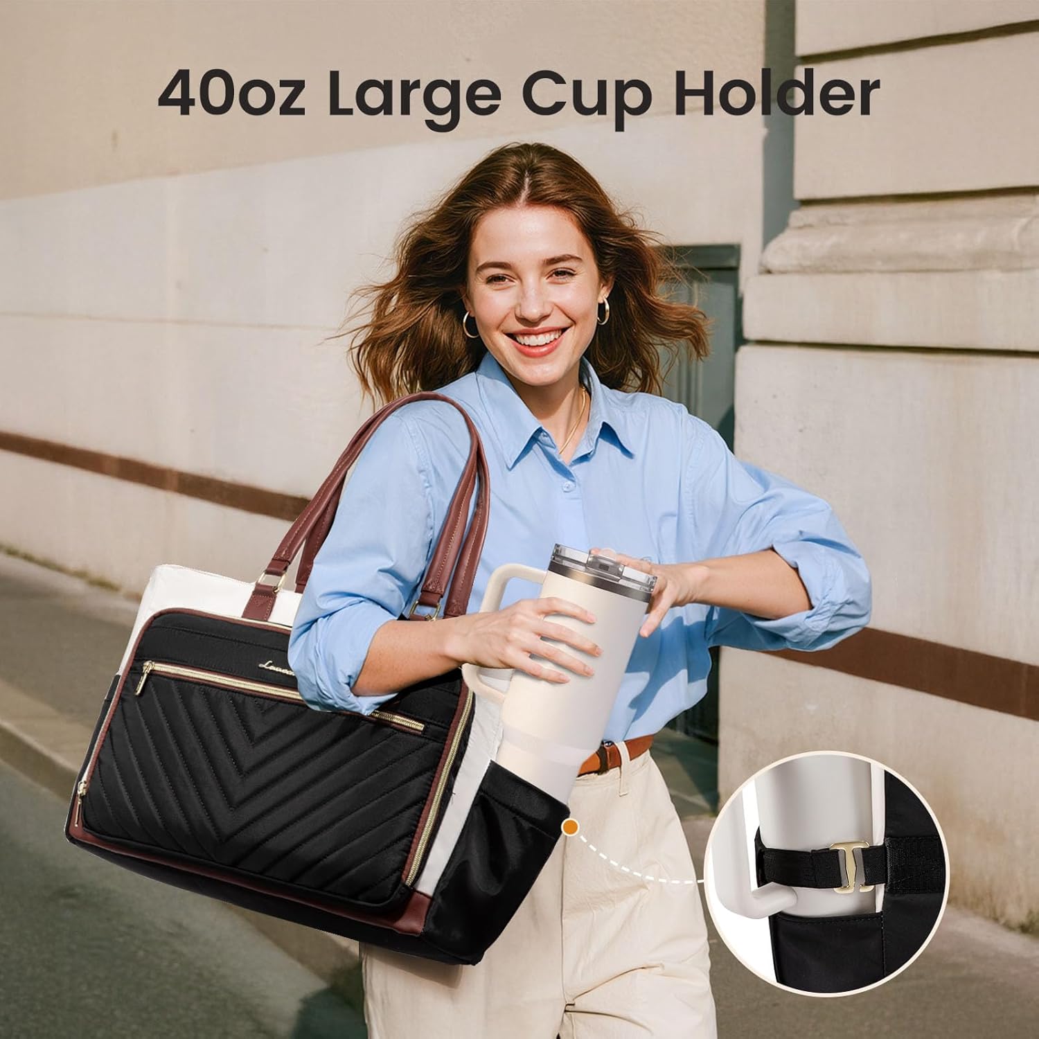 Alternative view of LOVEVOOK Teacher Tote Bag for Women, Work Laptop Bag Gift with Large Cup Holder, Quilted Nurse Bag Diaper Tote with Multi-Pockets, Large Computer Handbag Purse for Bussiness Travel, Office, College