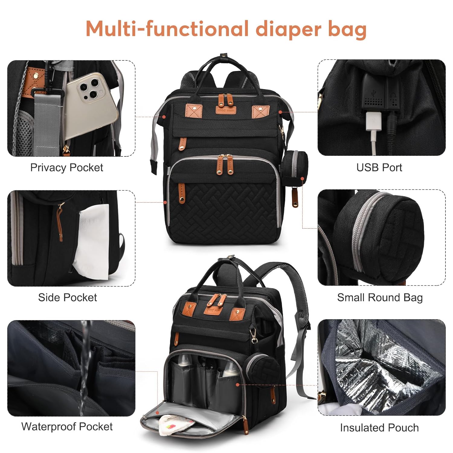 Alternative view of JKJRJJ Diaper Bag Backpack with Changing Station, Large Diaper Bag For Boys And Girls, Multifunctional Waterproof Travel Diaper Backpack, Baby Bag with USB Charging Port for Moms Dads,black